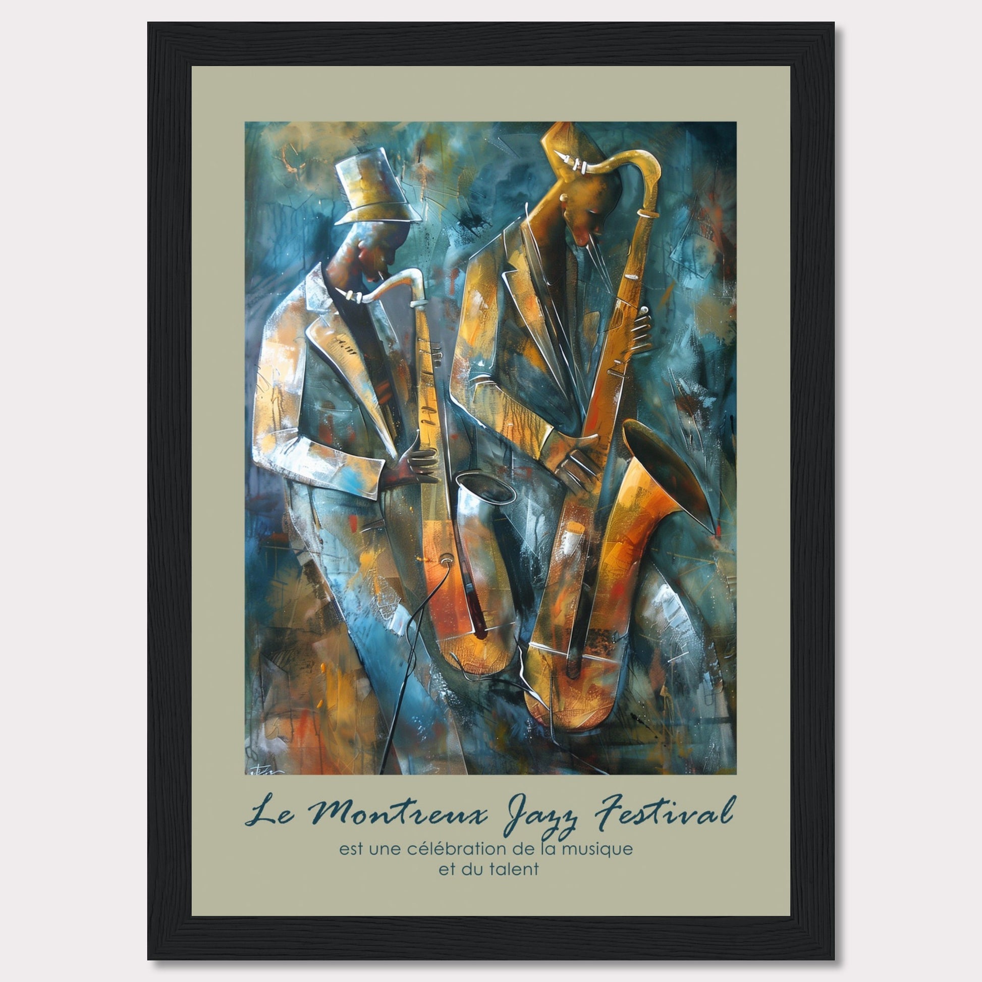 This vibrant artwork captures the essence of jazz with two musicians passionately playing their saxophones. The rich, abstract background adds depth and movement to the scene, emphasizing the dynamic nature of the music. The text at the bottom reads, "Le Montreux Jazz Festival est une célébration de la musique et du talent," highlighting the festival's celebration of music and talent.