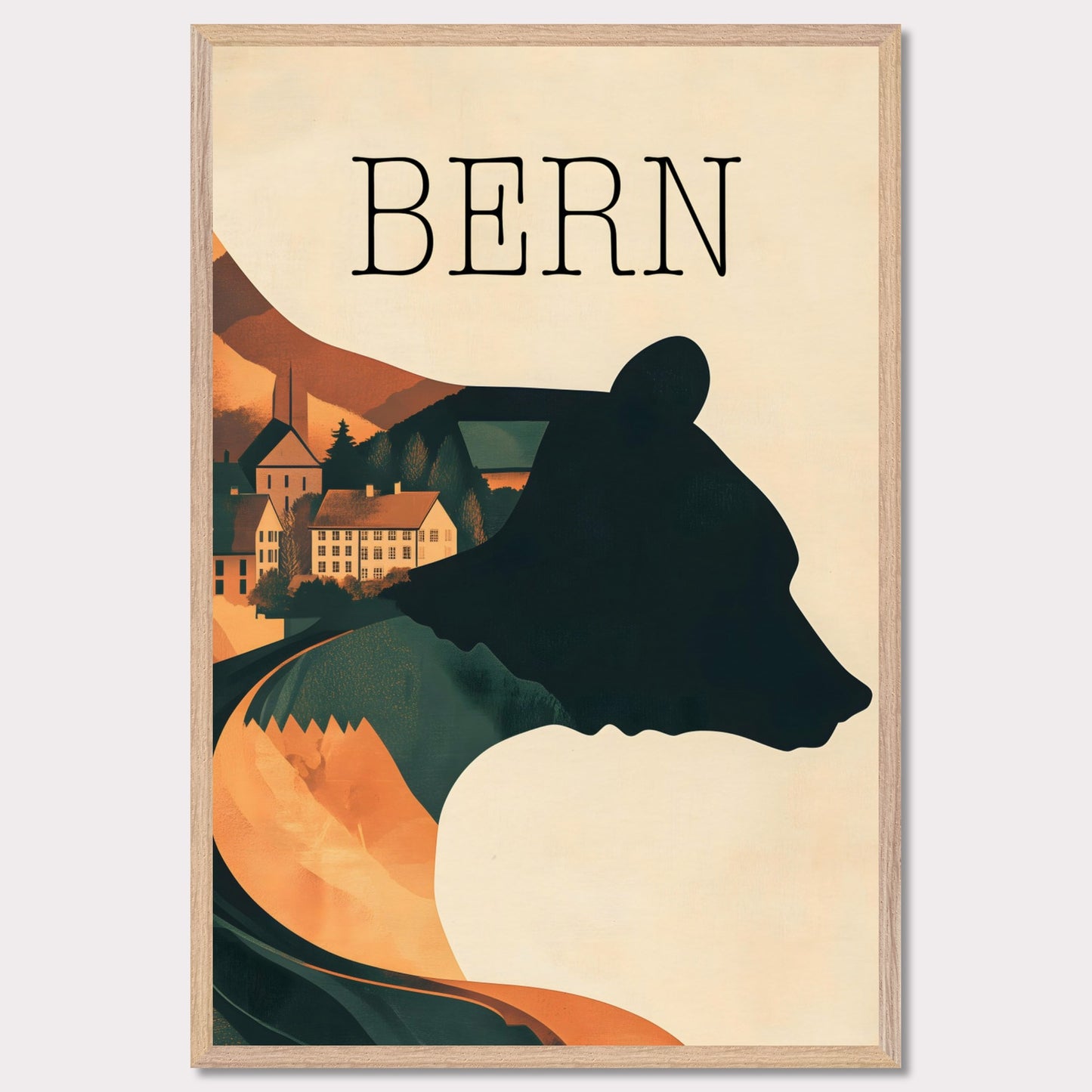 This minimalist travel poster captures the essence of Bern, Switzerland, with a flowing river winding through the city's historic heart. The design highlights the city's iconic medieval architecture, framed by the serene natural surroundings. The soft, muted tones evoke a sense of nostalgia and tranquility, making it a perfect representation of Bern’s timeless beauty.