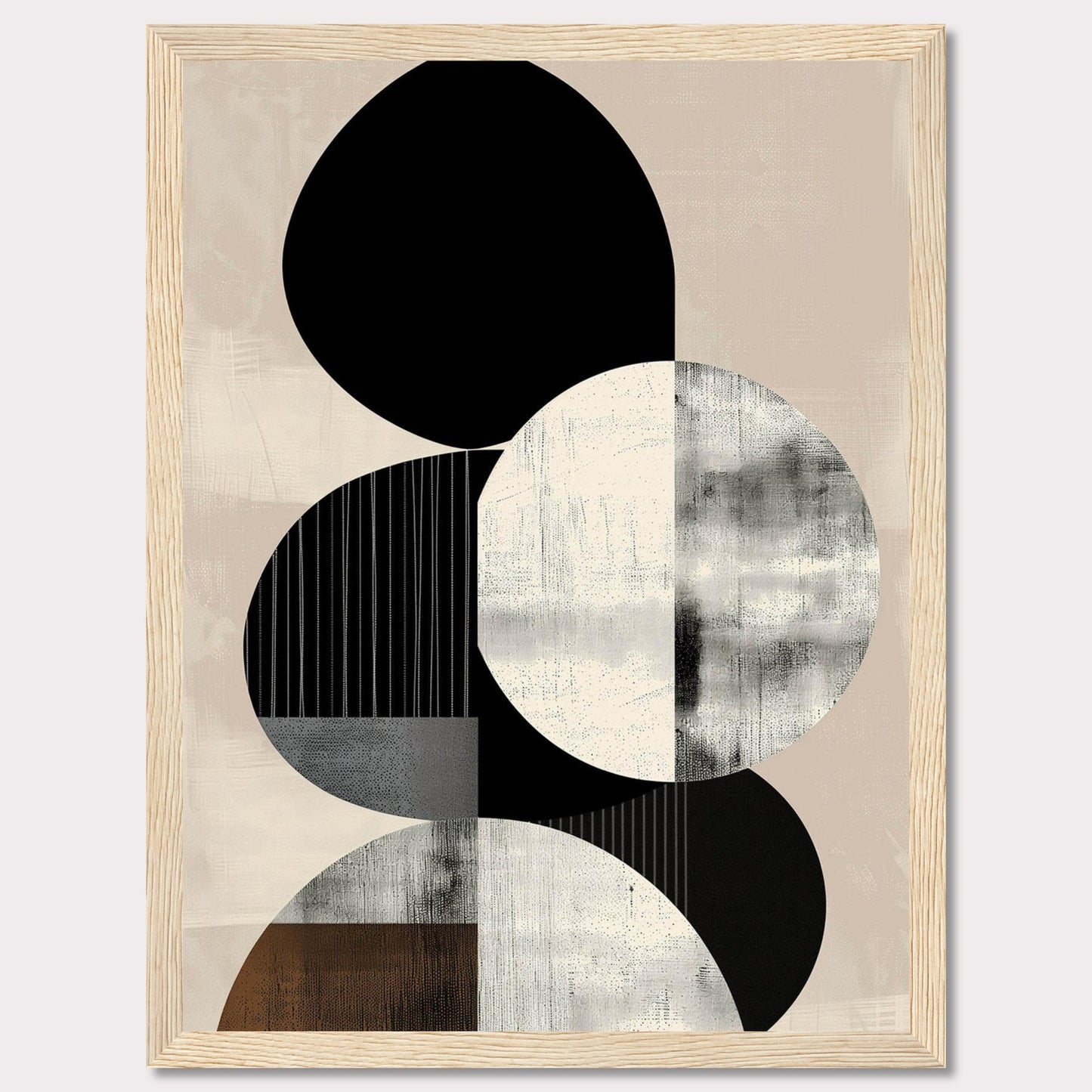 This image showcases a modern abstract art piece featuring geometric shapes in monochrome and neutral tones. The design includes overlapping circles and ovals with textured patterns.