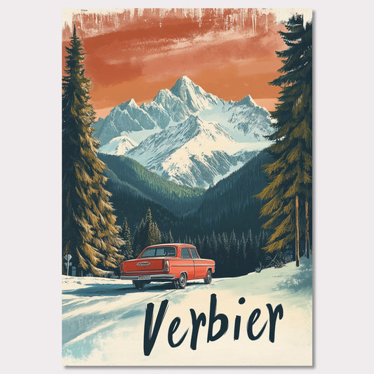 This striking retro-style poster depicts a vintage car driving through a snowy mountain landscape in Verbier. The red car stands out against the backdrop of majestic, snow-covered peaks and towering trees, with the warm orange hues of the sky adding to the nostalgic vibe. The vintage typography and artistic style evoke the allure of road trips through the Swiss Alps, offering a sense of freedom and adventure in a winter wonderland.