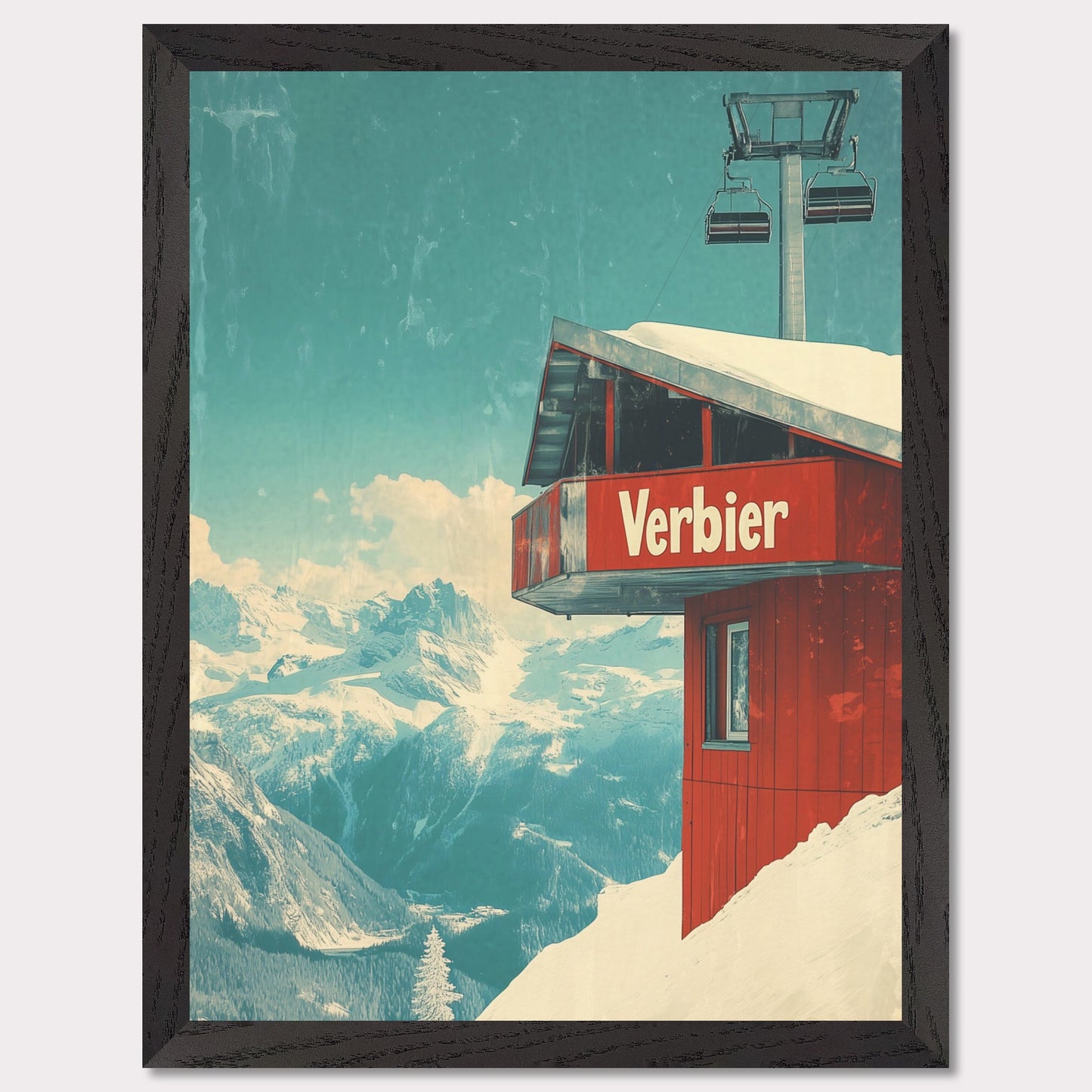 This vintage-inspired poster showcases a modern gondola station perched high above Verbier’s slopes. The gondola’s red cabin stands out against the pristine white snow, with majestic alpine peaks framing the view. The soft blue sky, accented by the vintage design, gives a timeless quality to the image. The simplicity and elegance of the gondola station invite viewers to imagine their own journey up the mountain, surrounded by the beauty of the Swiss Alps.