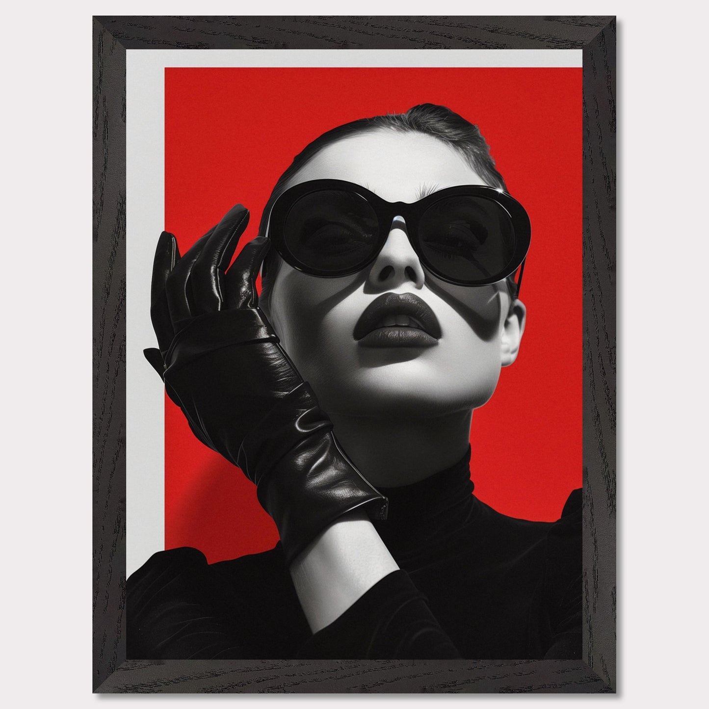 This striking black and white portrait features a stylish woman against a bold red background. Her look is accentuated by oversized sunglasses, dark lipstick, and sleek leather gloves, exuding an air of mystery and sophistication.