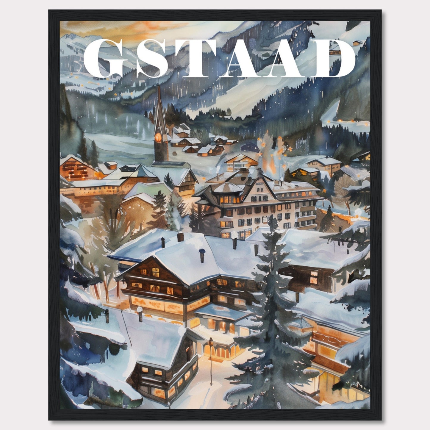 This image showcases a beautiful winter scene of Gstaad, a picturesque village nestled in the Swiss Alps. The painting captures the charm of snow-covered chalets, pine trees, and a serene mountainous backdrop under a soft evening sky.