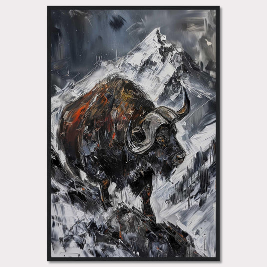 This striking painting captures the raw power of a buffalo against a dramatic mountainous backdrop. The bold brushstrokes and intense colors create a sense of movement and energy.