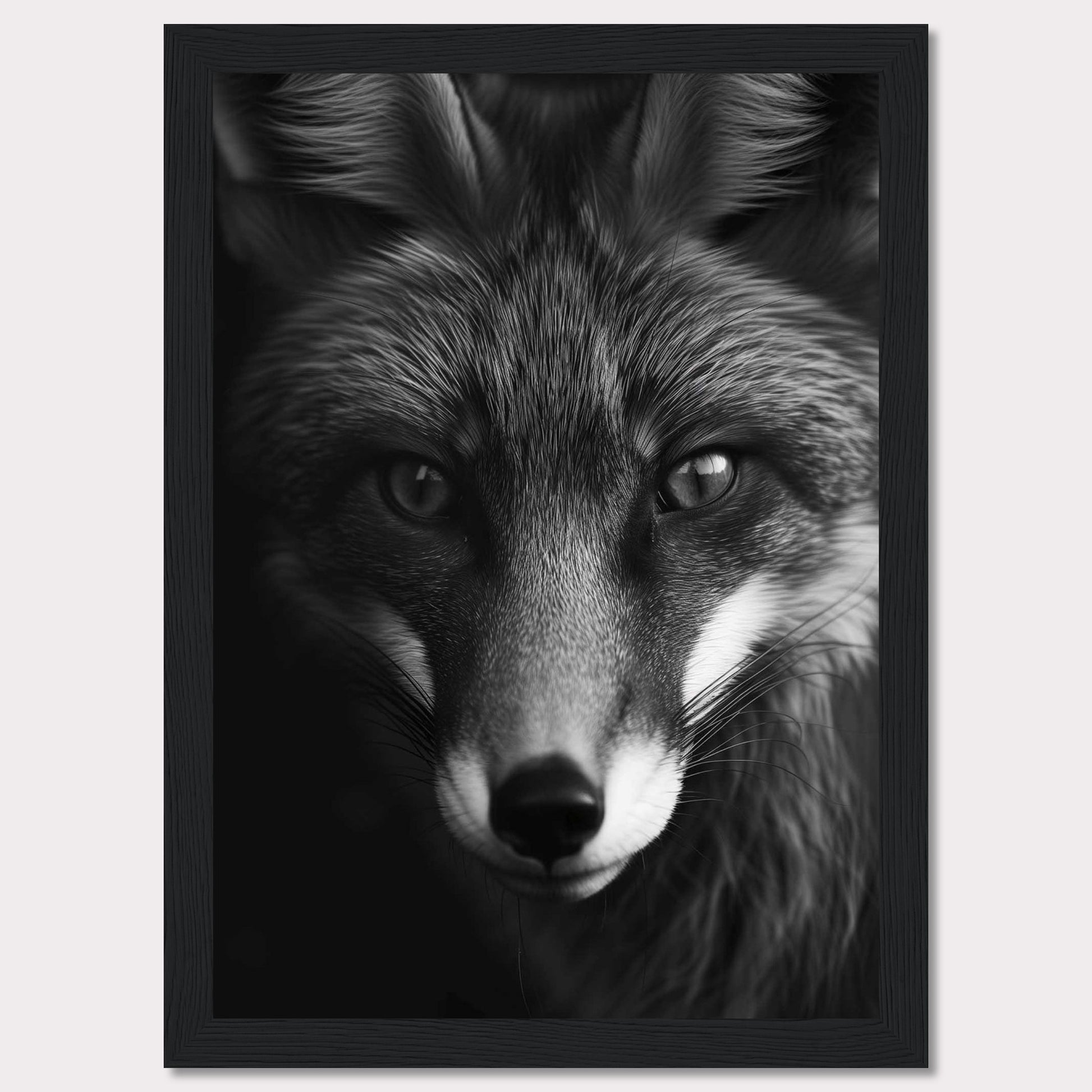 This striking black and white portrait captures the intense gaze of a fox, showcasing its majestic and enigmatic beauty. The detailed fur texture and sharp eyes draw you into the wild essence of this captivating creature.