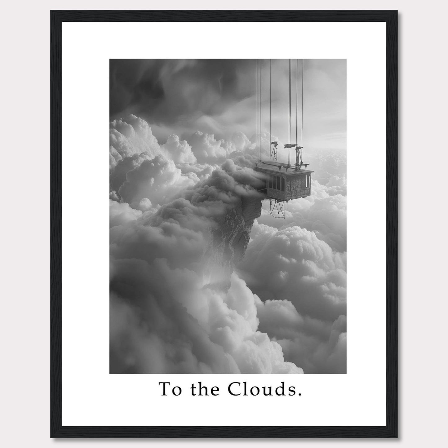 This captivating black and white artwork features a surreal scene of a house suspended high above the clouds, connected by cables. The image evokes a sense of wonder and adventure.