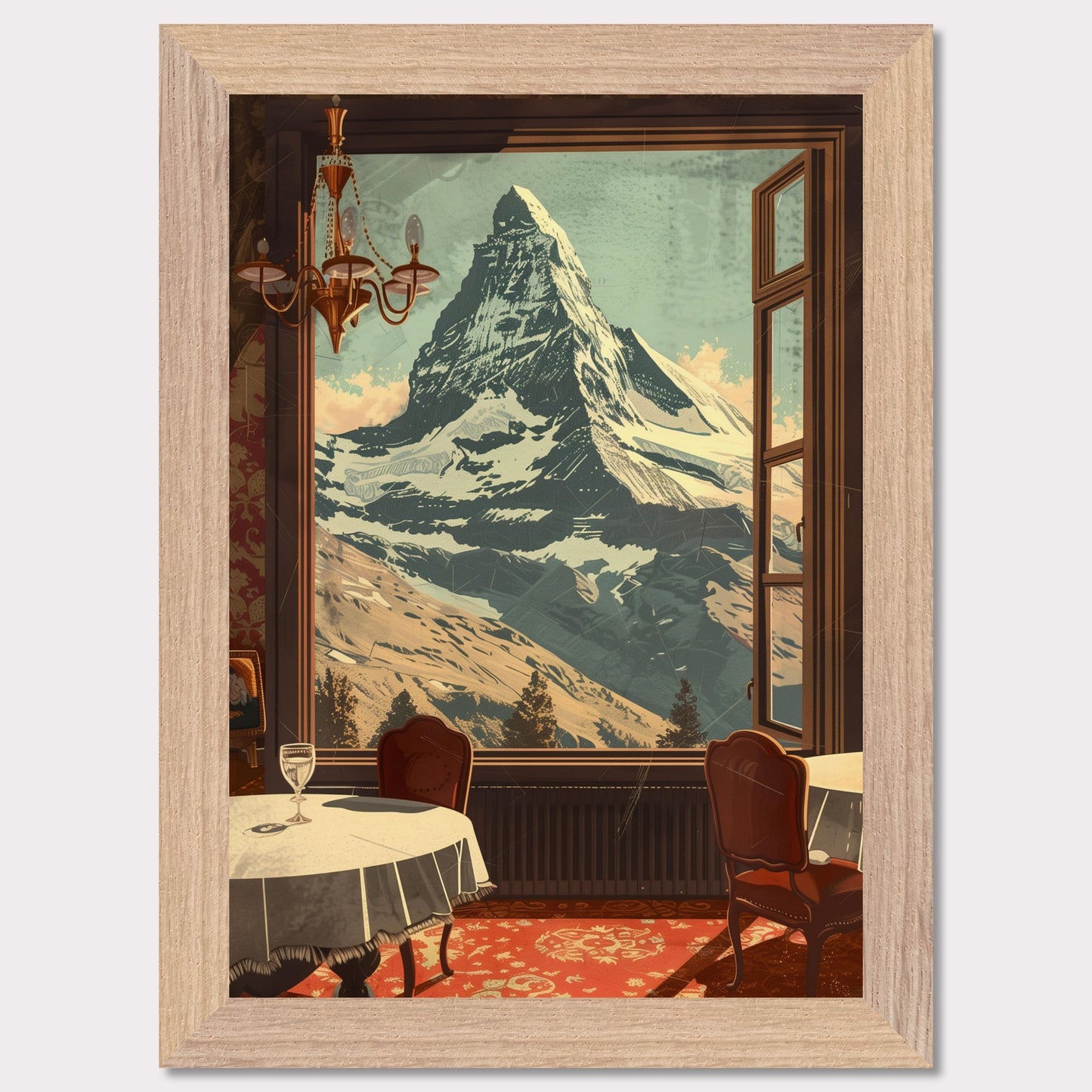 Witness the breathtaking view of a majestic snow-capped mountain through an elegantly framed window. This serene setting features a cozy dining area with classic furniture, a radiant chandelier, and a beautifully patterned carpet.