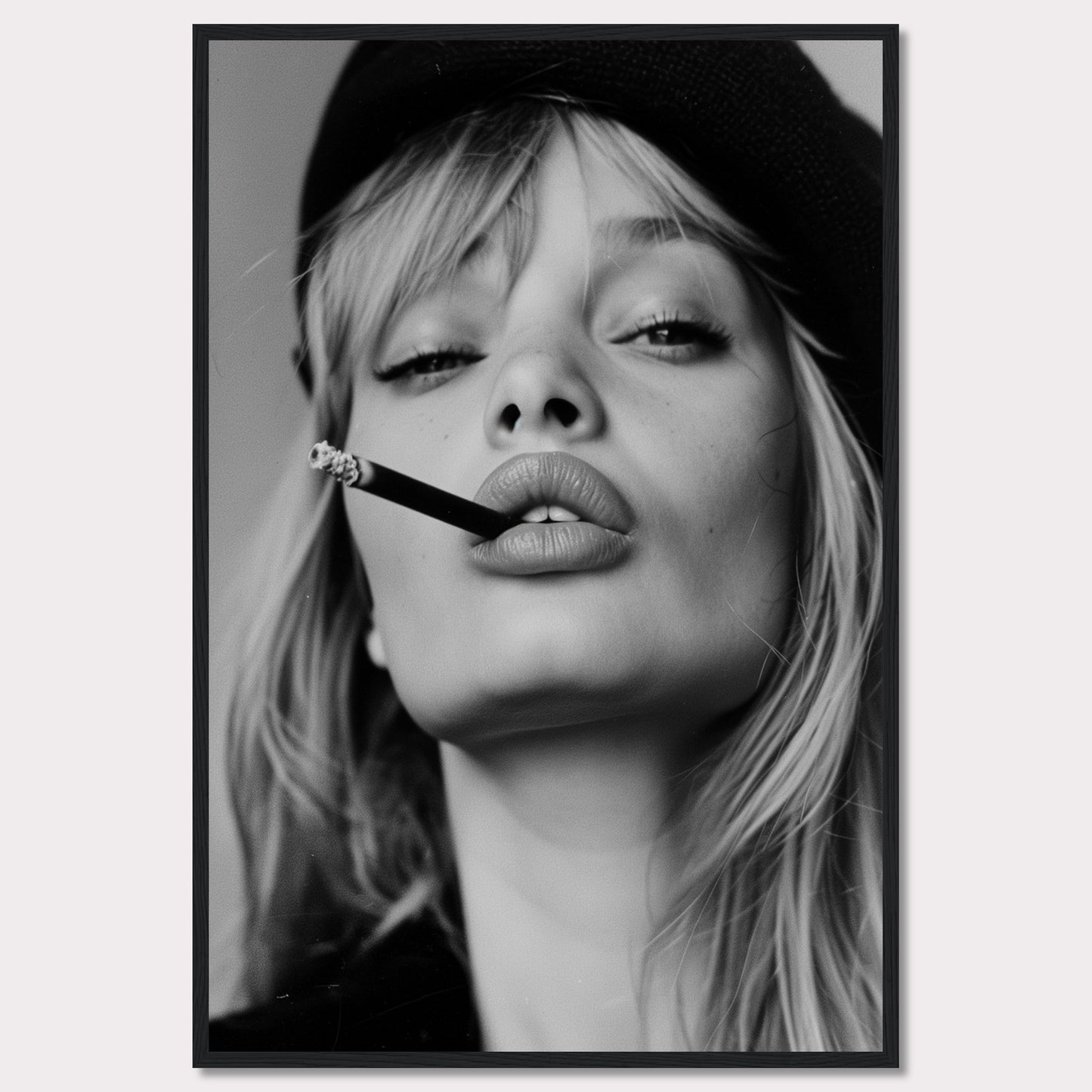 This striking black and white portrait captures a woman with a cigarette between her lips, exuding confidence and allure. Her intense gaze, slightly parted lips, and the casual placement of the cigarette create a bold and edgy aesthetic. The image is framed in a sleek black border, adding to its sophisticated appeal.