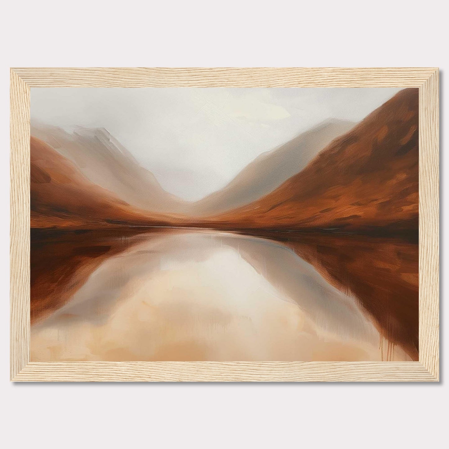 This captivating painting showcases a serene landscape with misty mountains reflected in a calm lake. The earthy tones of the mountains blend seamlessly with the soft, cloudy sky, creating a tranquil and harmonious scene.