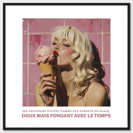 This image features a woman with blonde hair enjoying a pink ice cream cone against a backdrop of pink tiles. The text at the bottom reads: "Ses souvenirs étaient comme des cornets de glace, doux mais fondant avec le temps," which translates to "Her memories were like ice cream cones, sweet but melting with time."