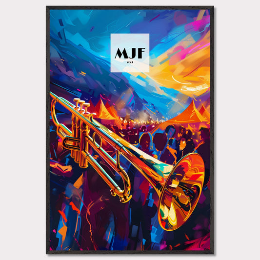 This vibrant poster captures the essence of a lively jazz festival. A gleaming trumpet takes center stage, set against a backdrop of colorful tents and an enthusiastic crowd. The sky is painted with dynamic strokes of blue and orange, adding to the energetic atmosphere.