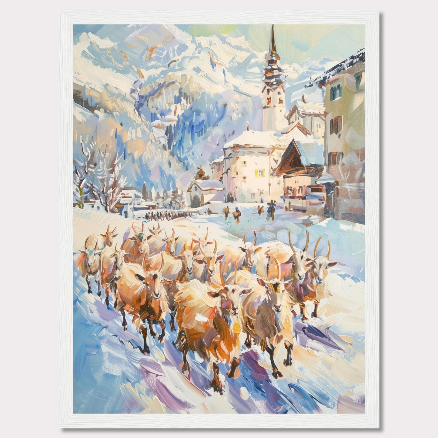 This captivating painting depicts a serene winter village scene with a herd of sheep being guided through the snow-covered streets. The backdrop features majestic snow-capped mountains and charming alpine architecture, including a prominent church steeple.