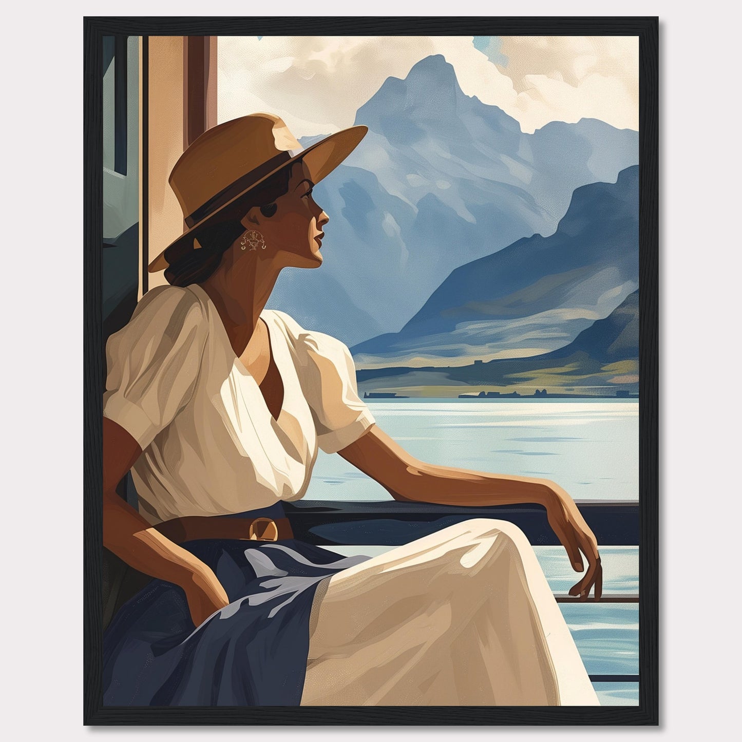 This captivating artwork features a serene woman in a white dress and wide-brimmed hat, gazing out at a tranquil lake with majestic mountains in the background. The scene evokes a sense of peace and contemplation, inviting viewers to pause and appreciate the beauty of nature.