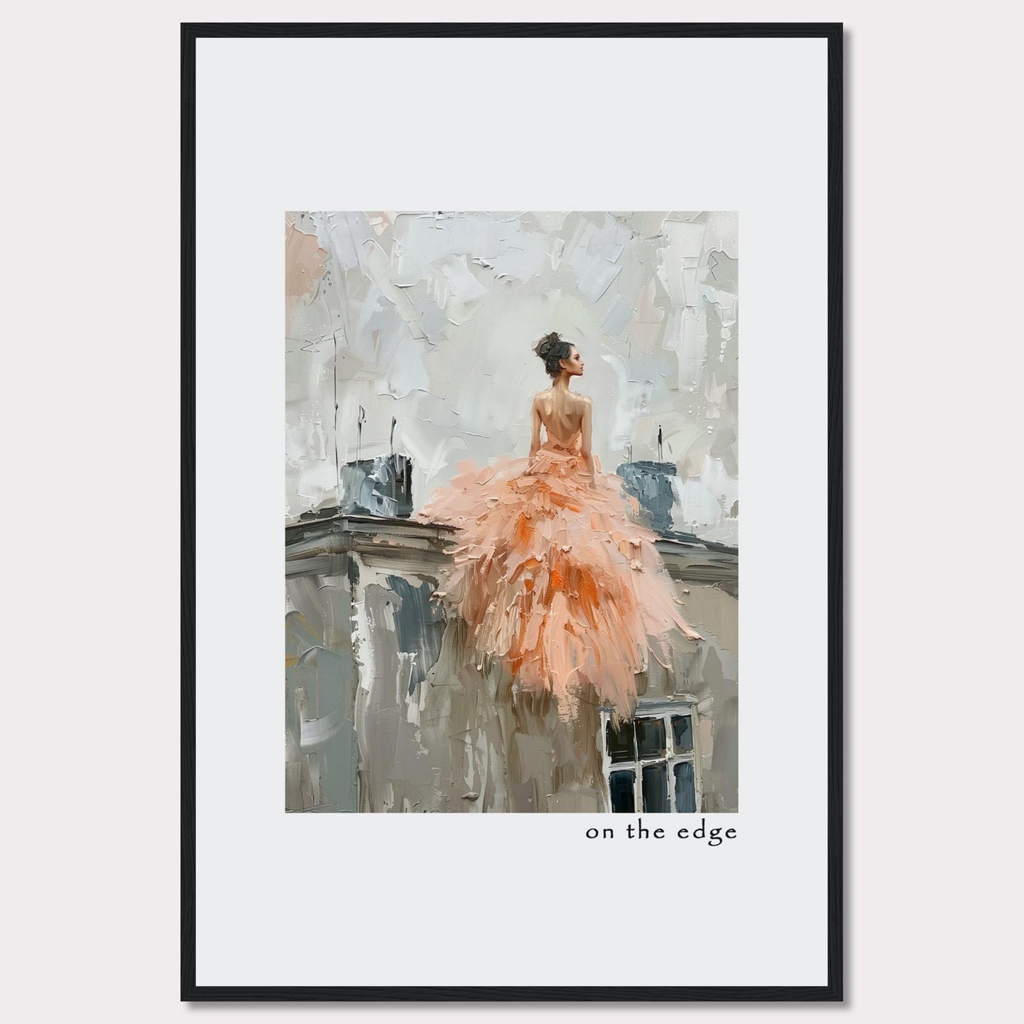 This captivating artwork depicts a woman in a flowing peach dress, standing on the edge of a rooftop. The painting's impressionistic style adds a dreamy, ethereal quality to the scene.