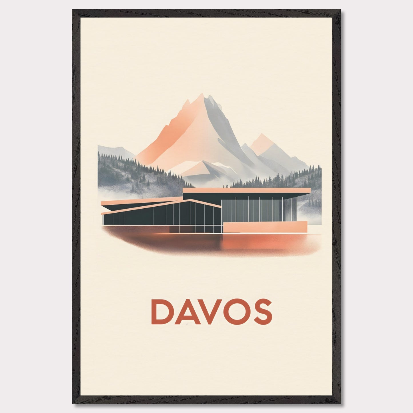 A refined travel poster showcasing Davos' modern architecture against breathtaking alpine peaks. The sleek lines of the building contrast harmoniously with the rugged mountains, embodying the balance between innovation and nature.