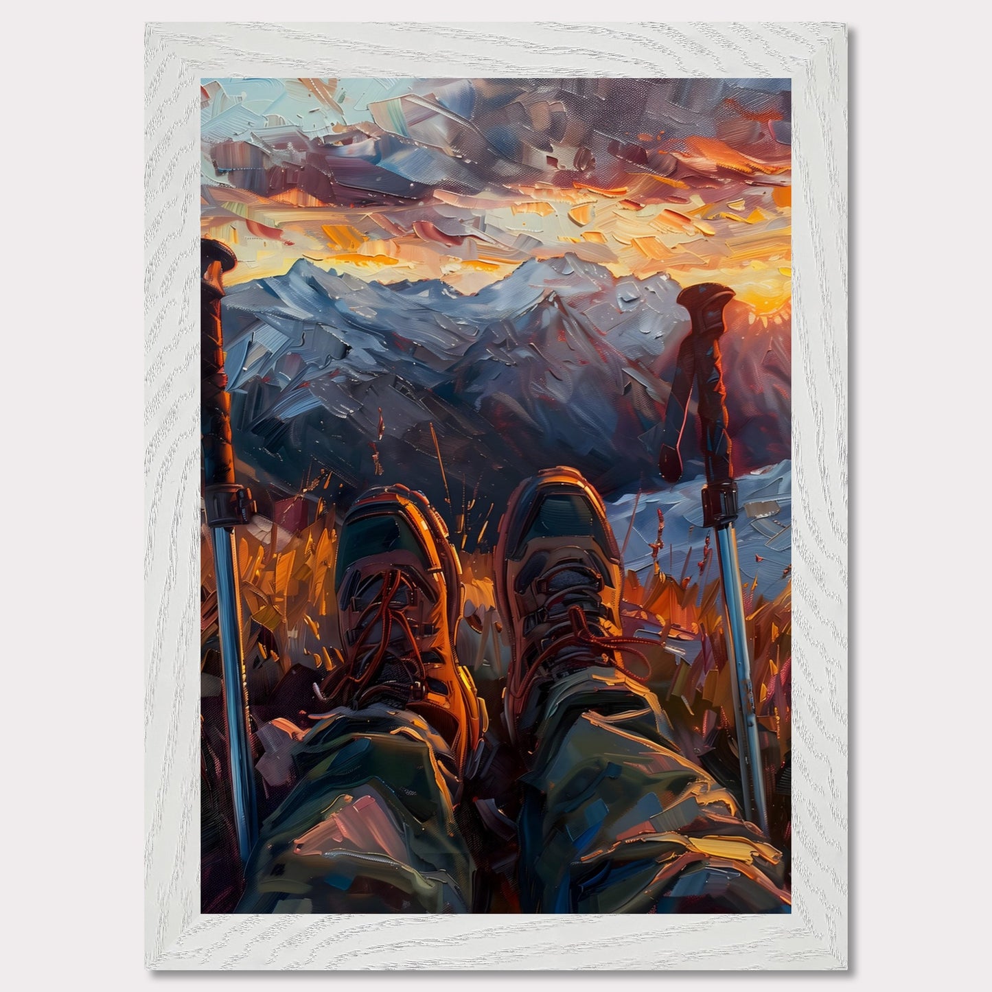 This illustration depicts a serene mountain landscape at sunset, viewed from the perspective of a hiker resting with their legs stretched out.