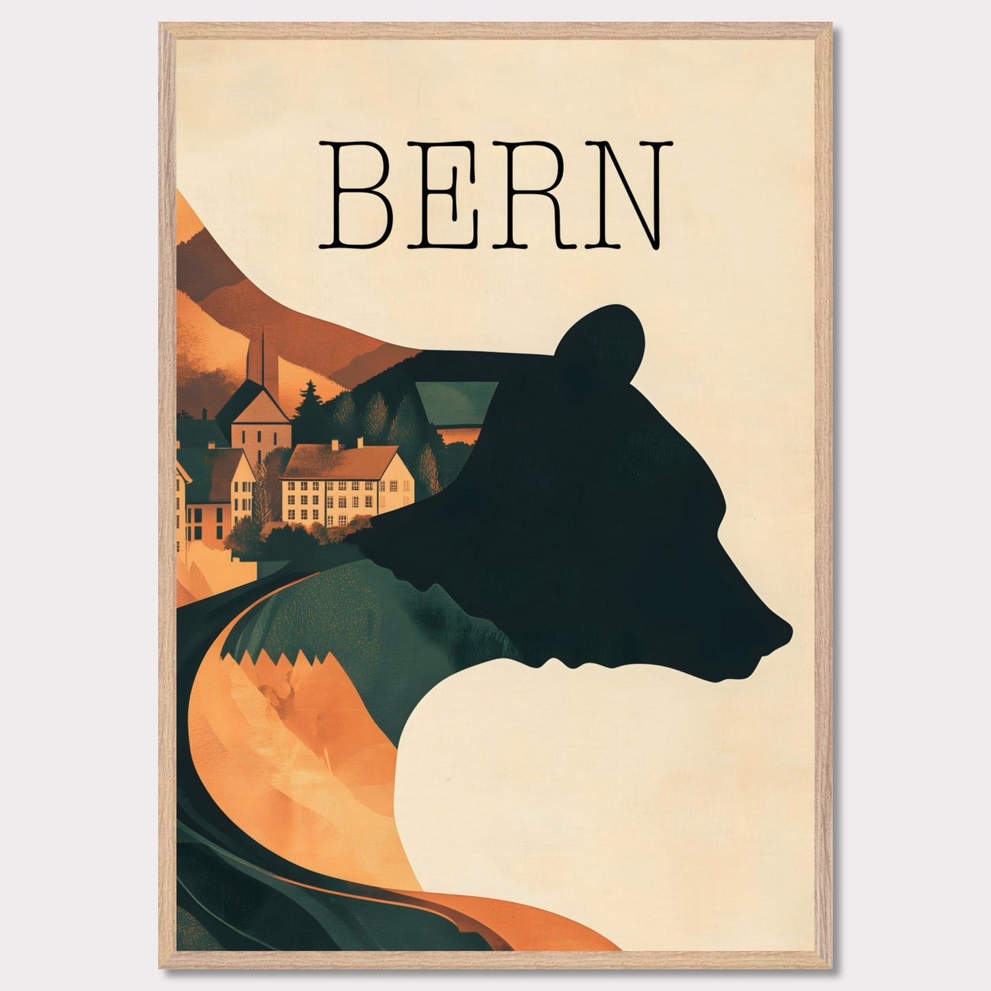 This minimalist travel poster captures the essence of Bern, Switzerland, with a flowing river winding through the city's historic heart. The design highlights the city's iconic medieval architecture, framed by the serene natural surroundings. The soft, muted tones evoke a sense of nostalgia and tranquility, making it a perfect representation of Bern’s timeless beauty.