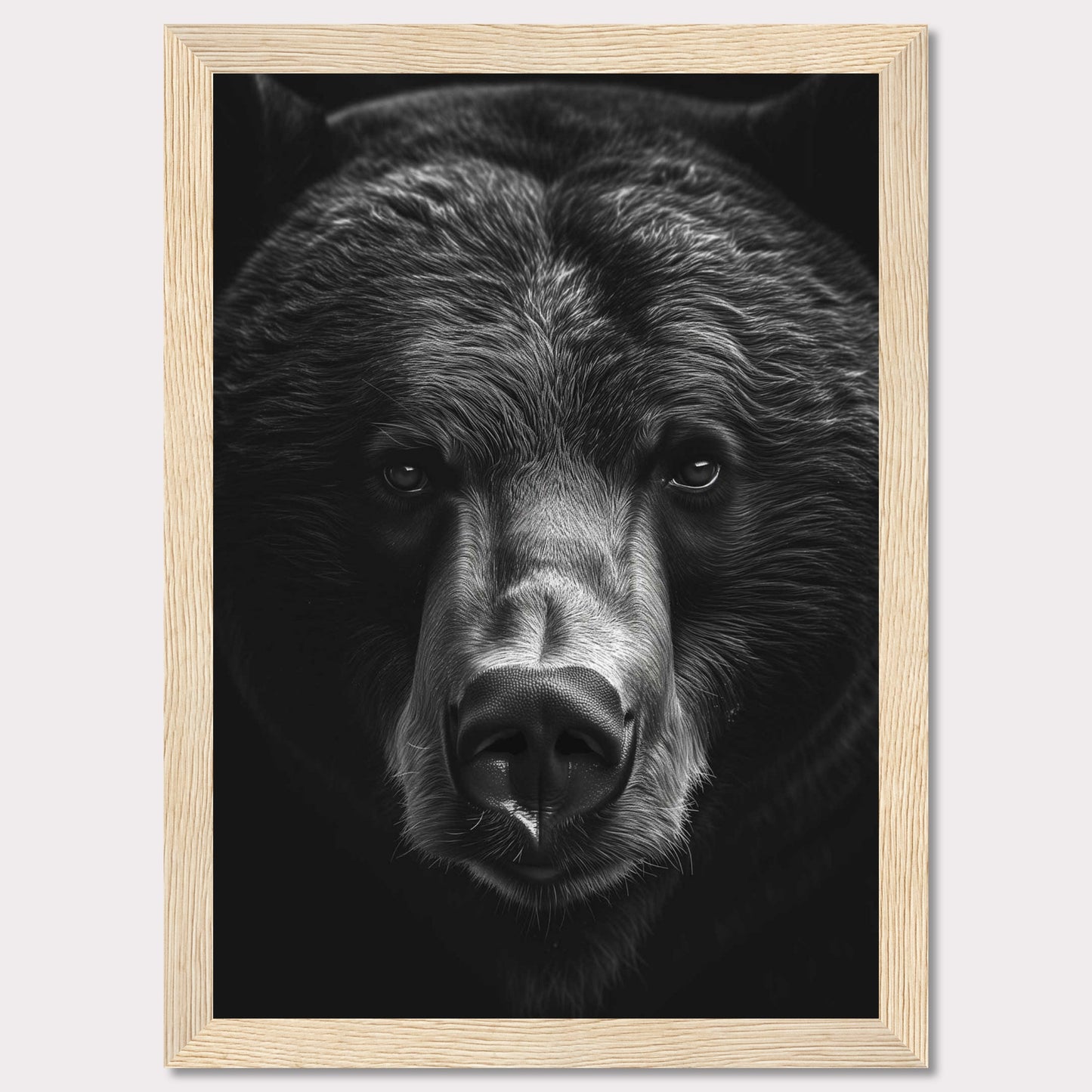 This striking black and white photograph captures the intense gaze of a bear, emphasizing its powerful presence and majestic features. The close-up shot highlights the intricate details of the bear's fur and facial structure, creating a captivating and dramatic effect.