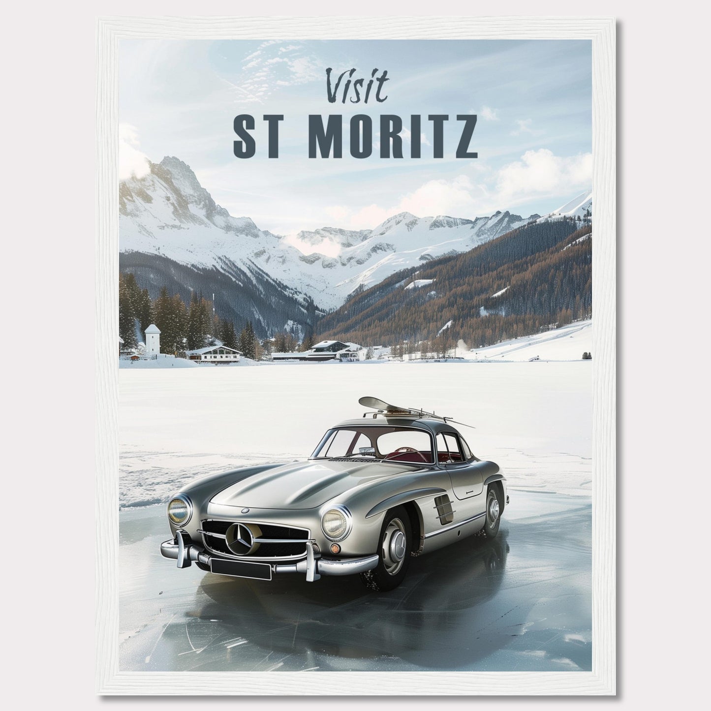 Discover the breathtaking beauty of St. Moritz with this stunning poster. Featuring a classic silver car parked on a frozen lake, surrounded by majestic snow-capped mountains and cozy alpine chalets.