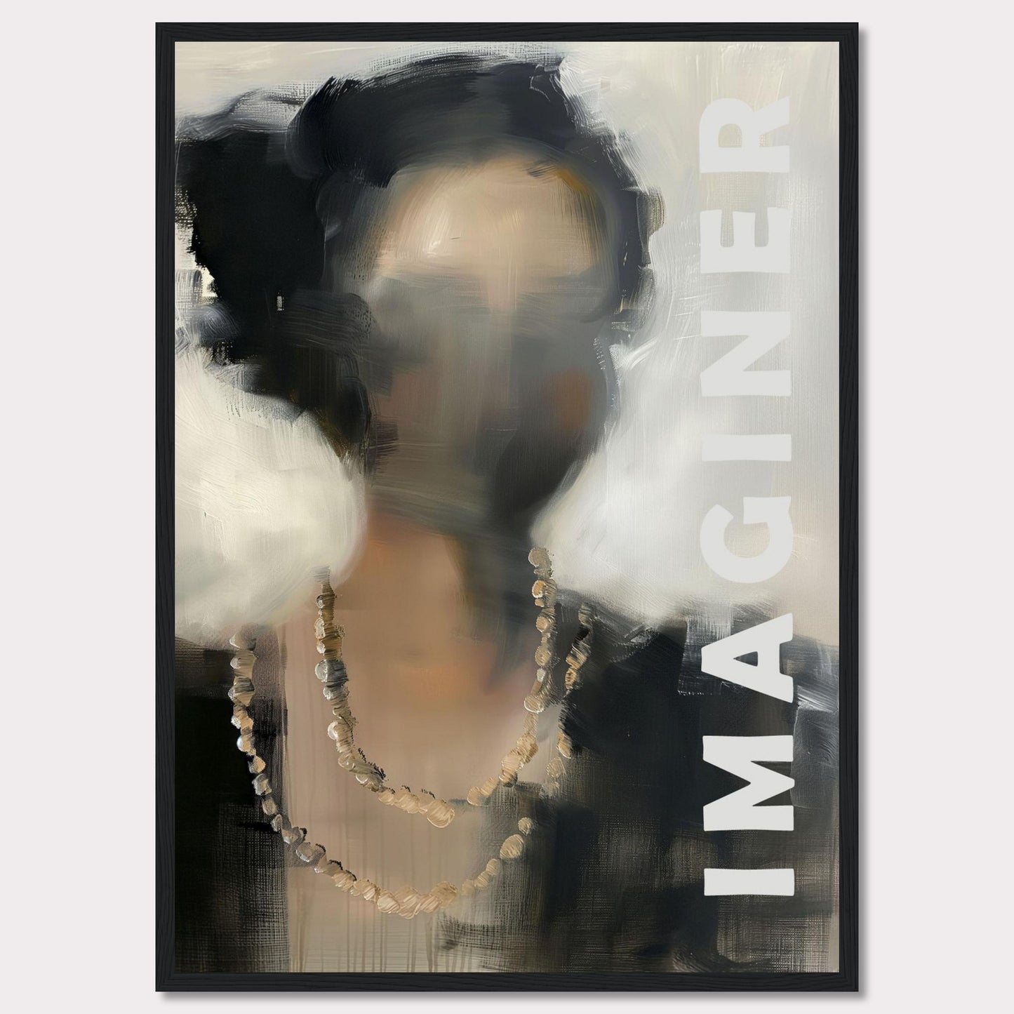 This captivating artwork features an abstract portrait of a person with blurred facial details, adorned with a beaded necklace. The word "IMAGINER" is prominently displayed along the right side, inviting viewers to envision their own interpretations.