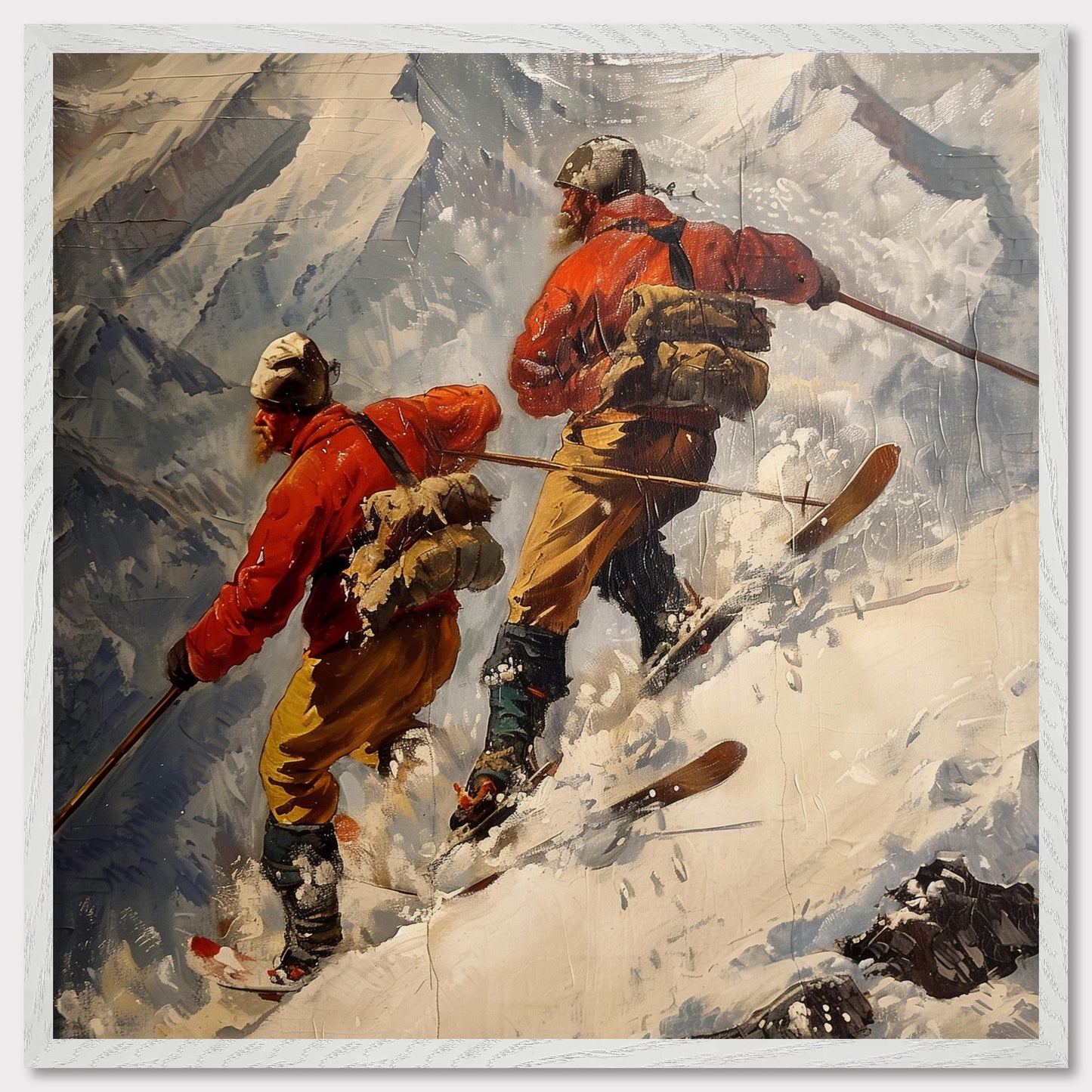 This captivating painting depicts two adventurers skiing down a steep, snowy mountain slope. They are dressed in bright red jackets and sturdy gear, emphasizing their readiness for the harsh conditions. The rugged mountain landscape in the background highlights the challenge and thrill of their descent.