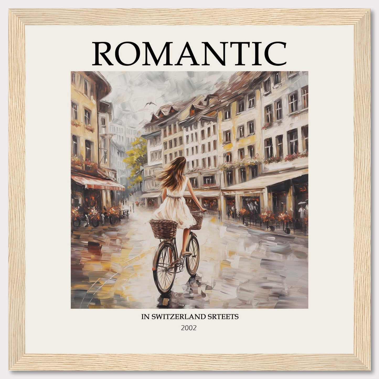 This image features a romantic scene of a woman riding a bicycle through charming streets in Switzerland. The artwork is framed with the word "ROMANTIC" at the top and "IN SWITZERLAND STREETS 2002" at the bottom.