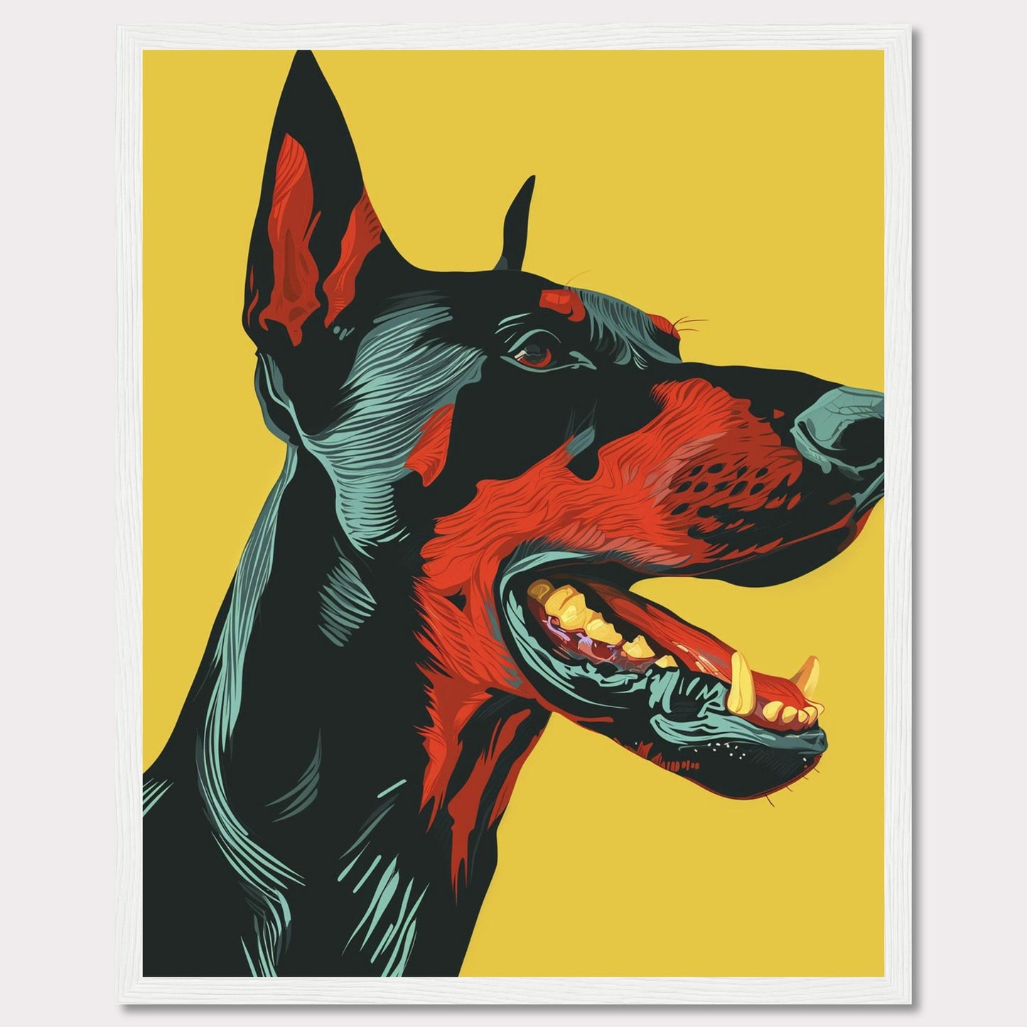 This vibrant artwork features a striking, stylized portrait of a Doberman against a bold yellow background. The detailed illustration showcases the dog's fierce expression with vivid red and black hues, emphasizing its strong and dynamic presence. The piece is framed in a sleek black border, enhancing its modern aesthetic.