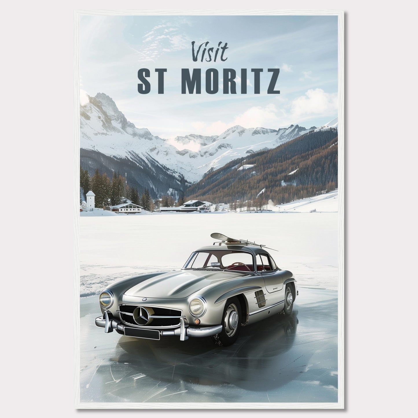 Discover the breathtaking beauty of St. Moritz with this stunning poster. Featuring a classic silver car parked on a frozen lake, surrounded by majestic snow-capped mountains and cozy alpine chalets.