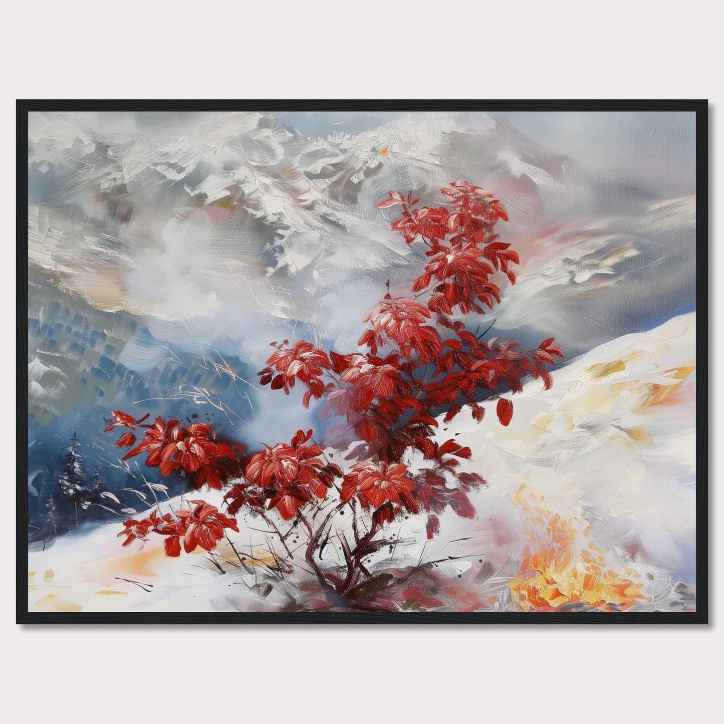 This captivating painting features a vibrant red bush standing out against a serene, snowy landscape. The background showcases majestic mountains partially obscured by mist, adding depth and mystery to the scene. The contrast between the fiery red leaves and the cool, muted tones of the snow and sky creates a striking visual effect.