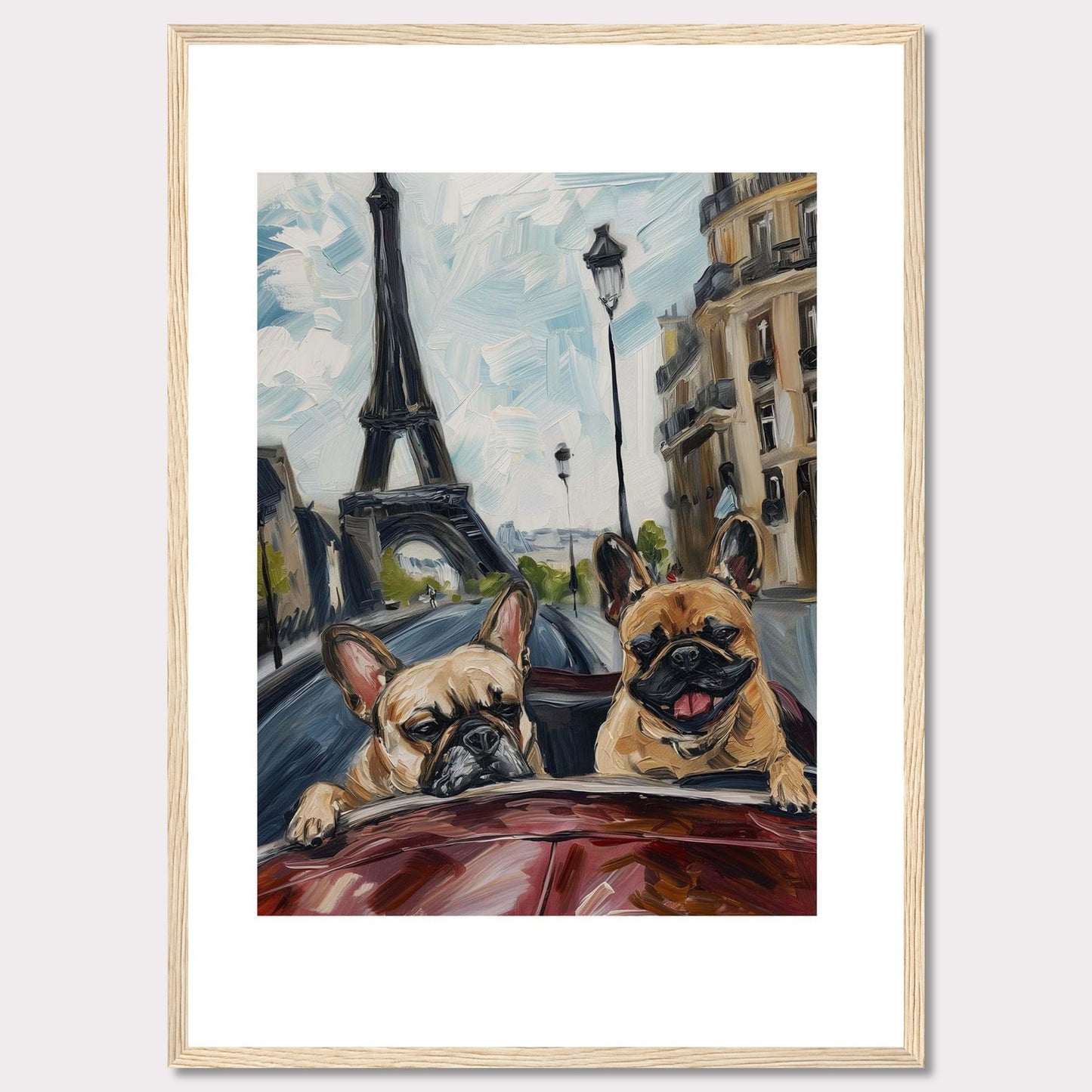 This vibrant painting captures two adorable French Bulldogs enjoying a ride in a car with the iconic Eiffel Tower in the background. The artwork beautifully blends elements of Parisian architecture, street lamps, and the joyful expressions of the dogs.