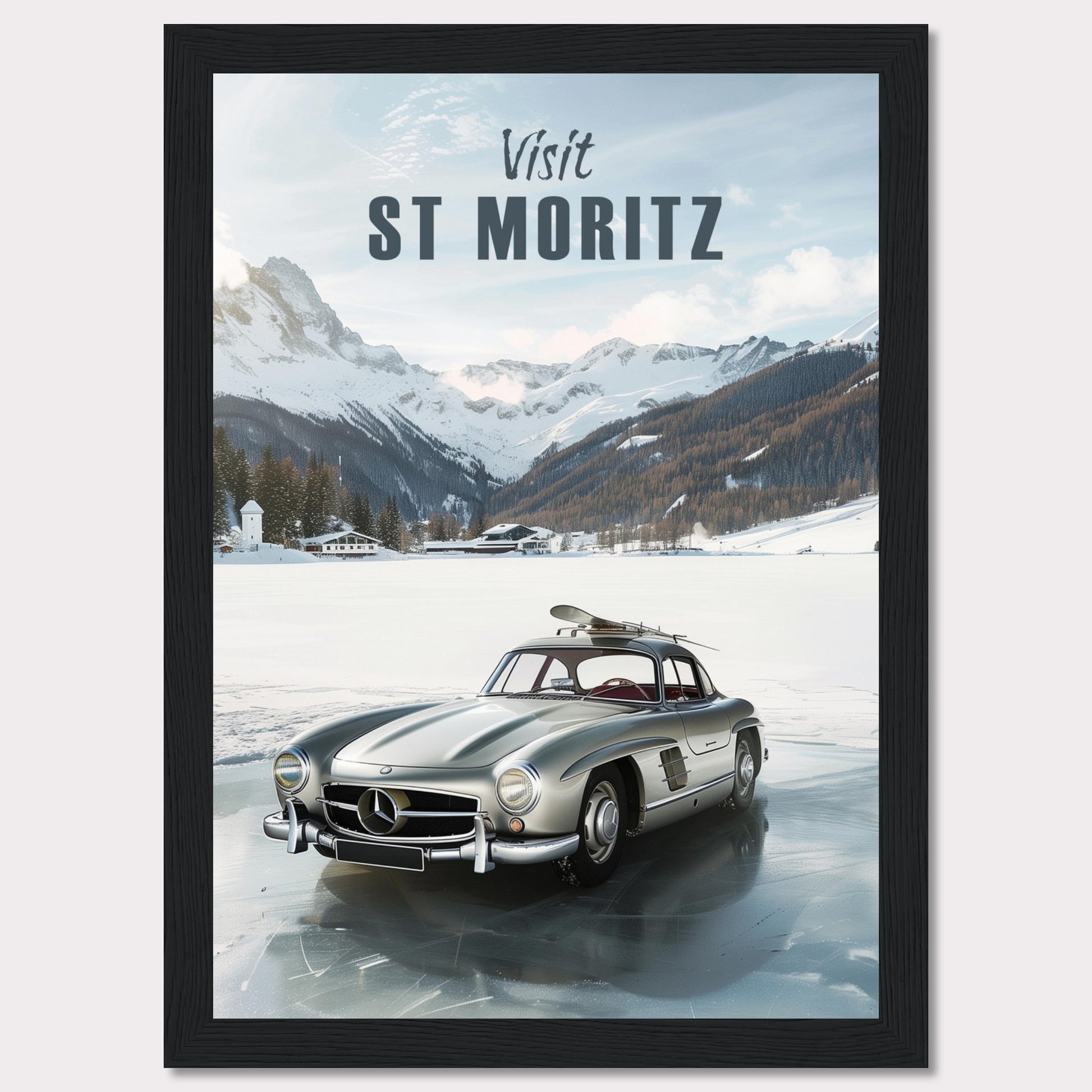 Discover the breathtaking beauty of St. Moritz with this stunning poster. Featuring a classic silver car parked on a frozen lake, surrounded by majestic snow-capped mountains and cozy alpine chalets.