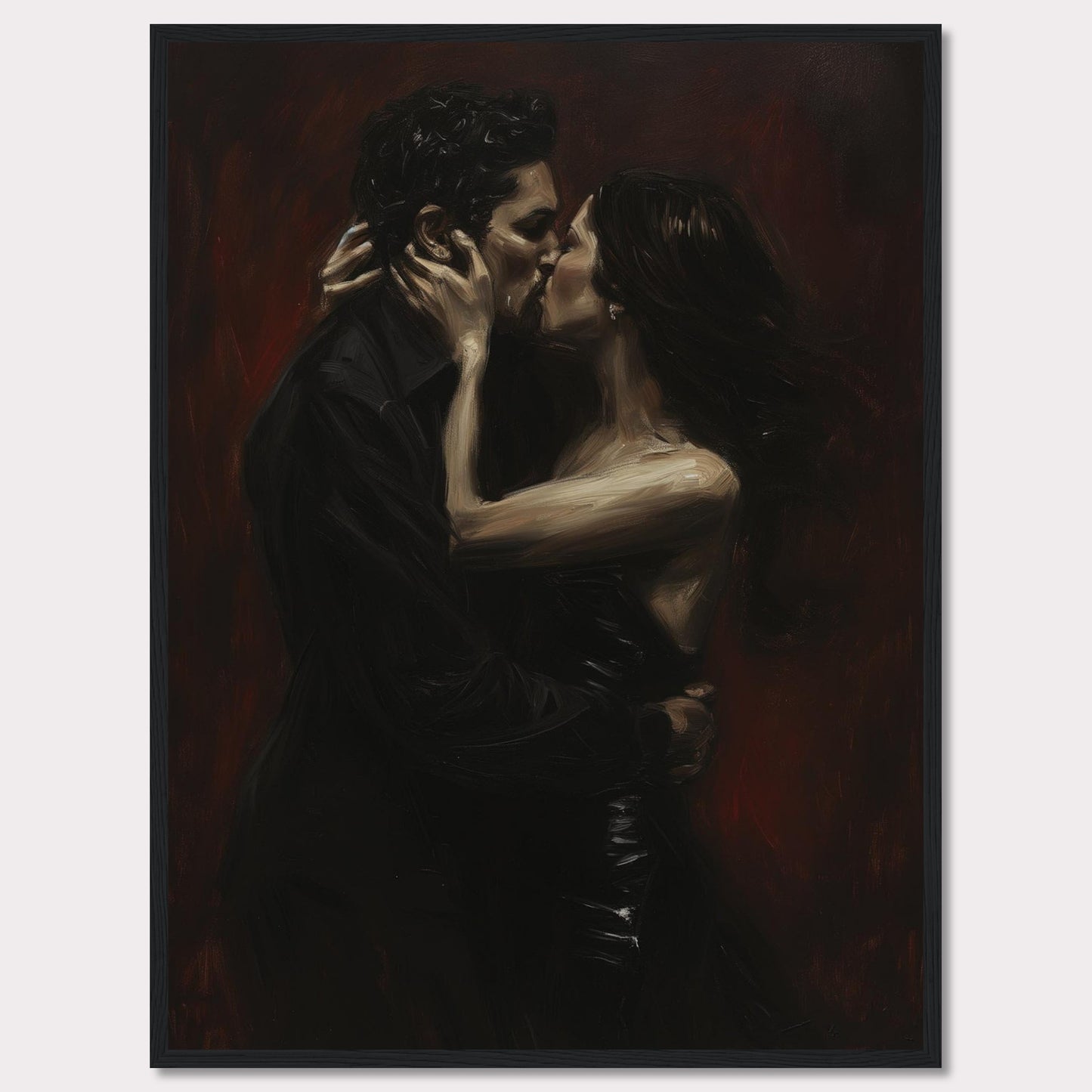 This evocative painting captures an intimate moment of a passionate kiss between two lovers. The dark, rich tones create a dramatic and romantic atmosphere.