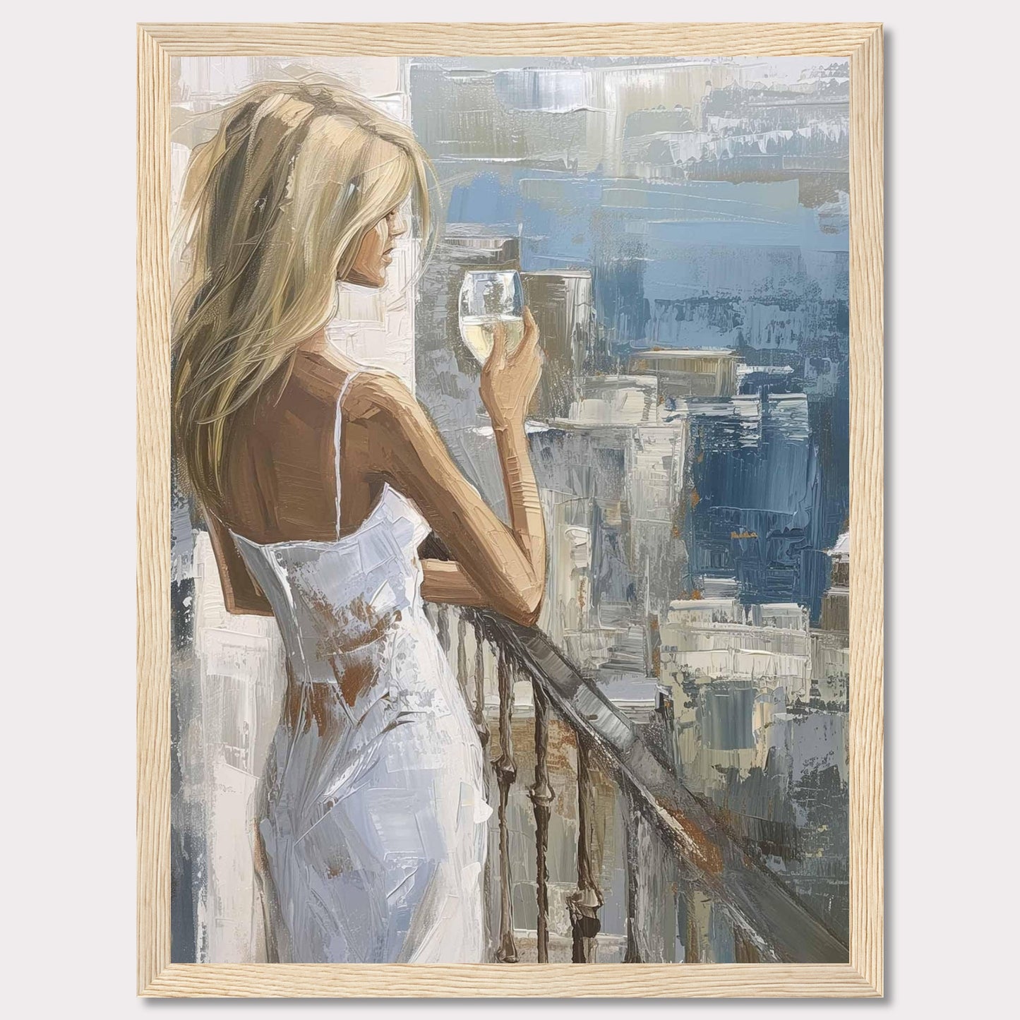 This painting depicts a serene moment where a woman, dressed in a white dress, stands on a balcony holding a glass of wine. The background features an impressionistic cityscape with various shades of blue and gray.