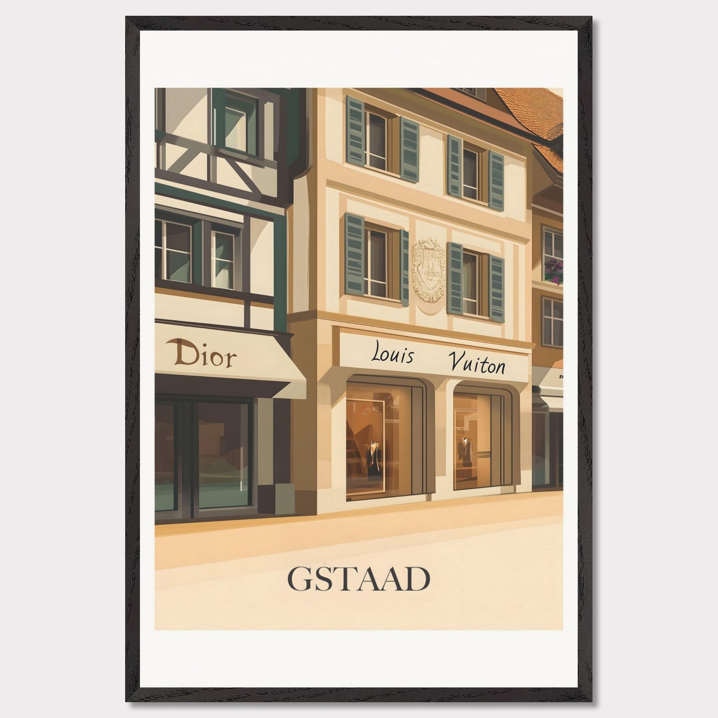 A beautifully illustrated poster showcasing Gstaad’s world-class shopping scene. The charming facades of Dior and Louis Vuitton boutiques reflect the town’s upscale ambiance.