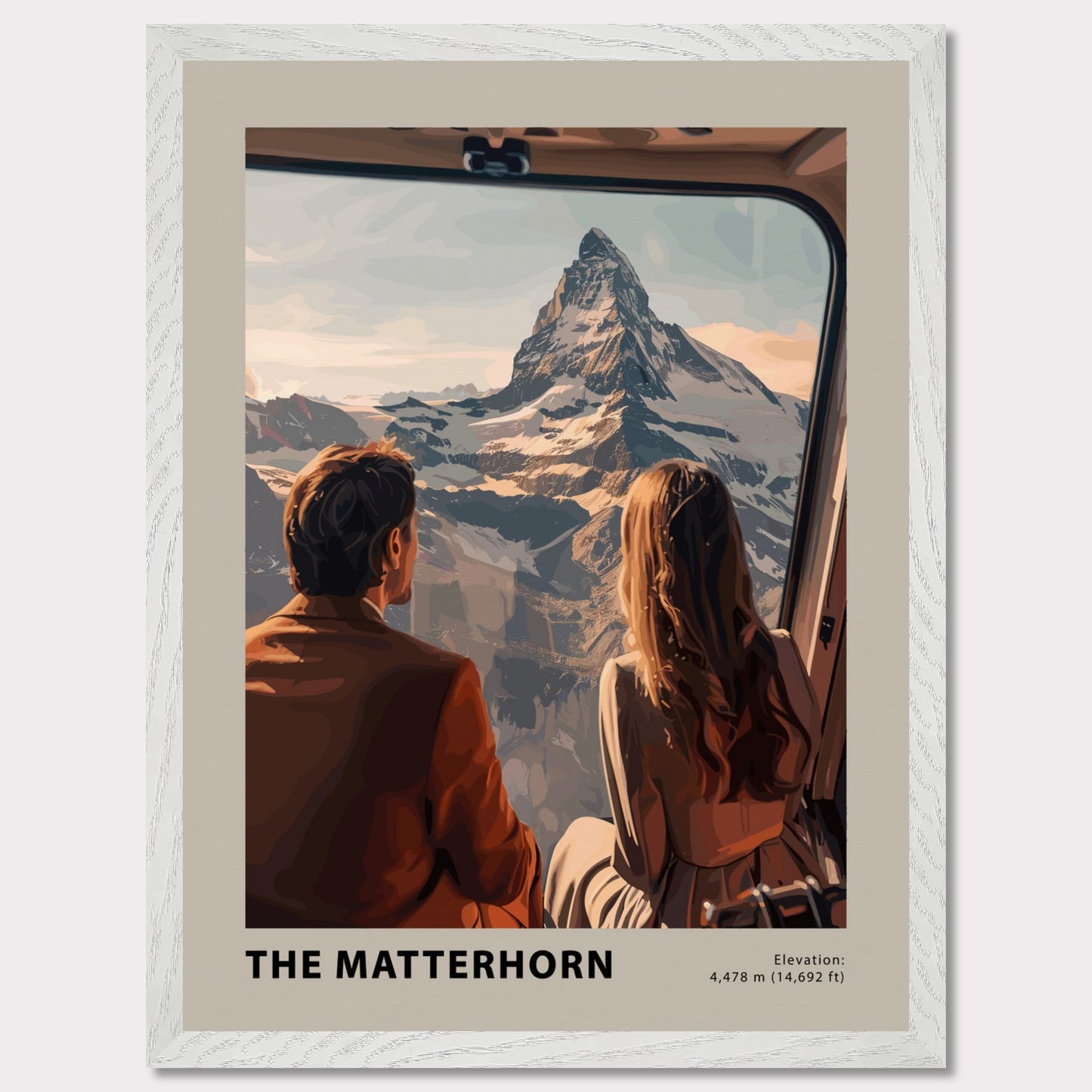 This image showcases a stunning view of the Matterhorn, with two individuals gazing at the majestic mountain from a window. The scene captures the awe-inspiring beauty of the snow-capped peak under a serene sky.