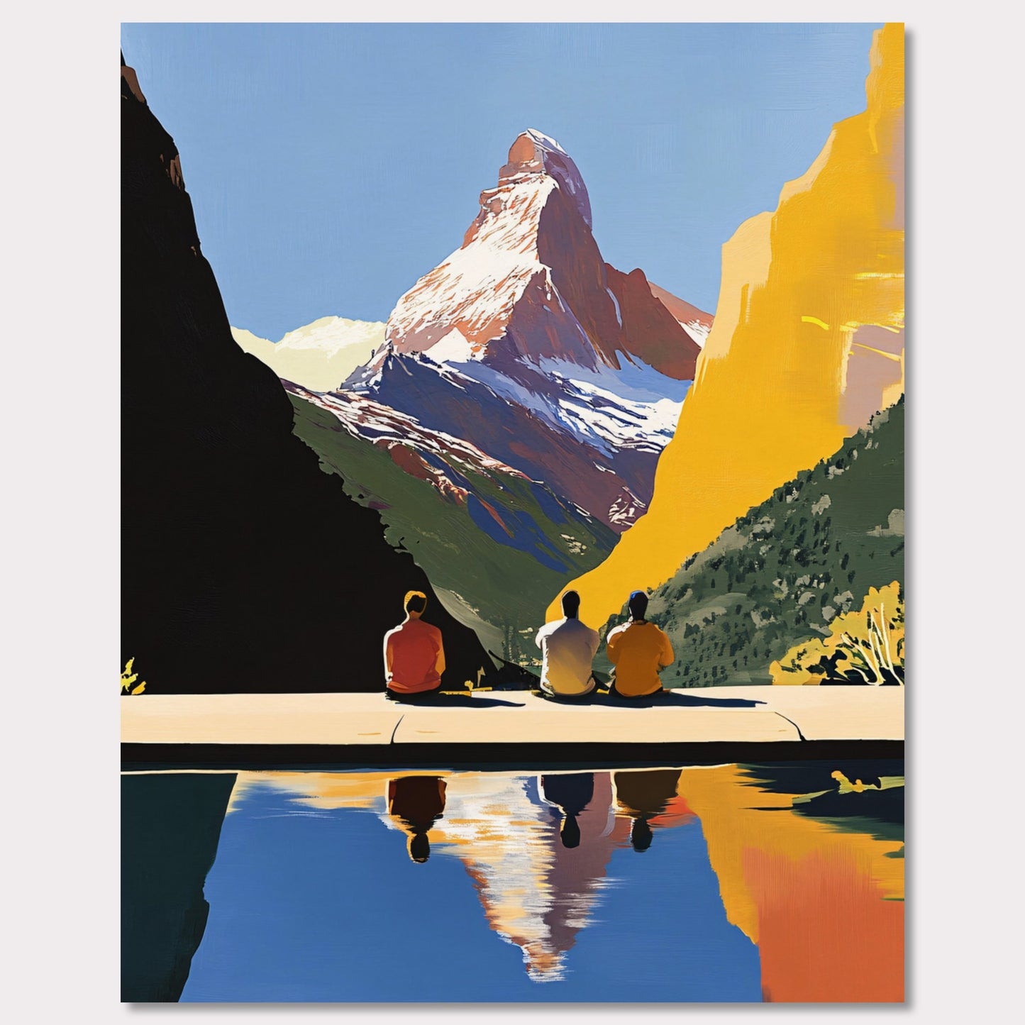 This poster takes us on a serene retreat to the breathtaking landscapes of the Swiss Alps, with the iconic Matterhorn standing proudly as the centerpiece. Three figures sit quietly at the edge of a calm reflecting pool, their silhouettes harmonizing with the tranquility of the setting. The vivid contrast of golden mountainsides, lush greenery, and the deep blue sky reflects the beauty of untouched nature. This artwork captures the essence of reflection, connection, and the majesty of alpine surroundings.