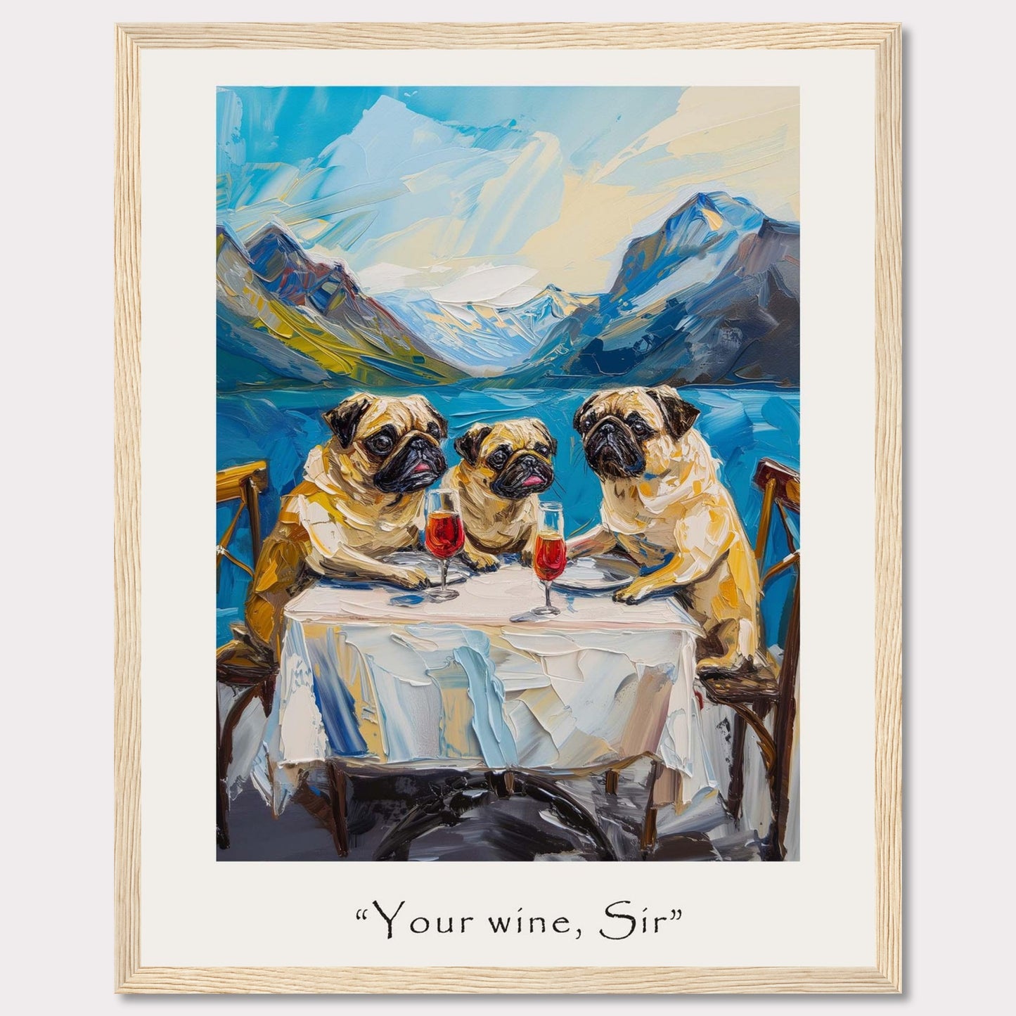 This whimsical painting depicts three pugs sitting at a table, each with a glass of red wine in front of them. The background showcases a stunning mountain landscape with a serene lake. The artwork is framed and includes the caption "Your wine, Sir" at the bottom.