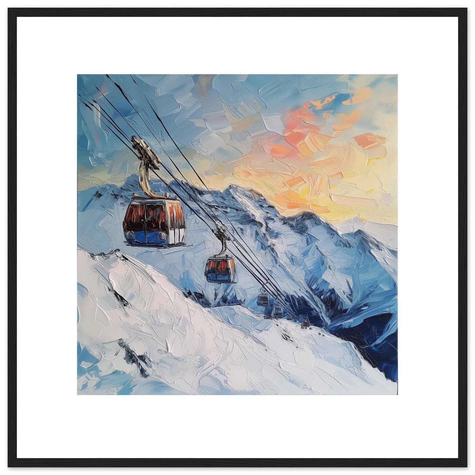 This stunning painting captures a picturesque mountain scene with two cable cars gliding over snowy peaks as the sun sets, casting a warm glow across the sky.