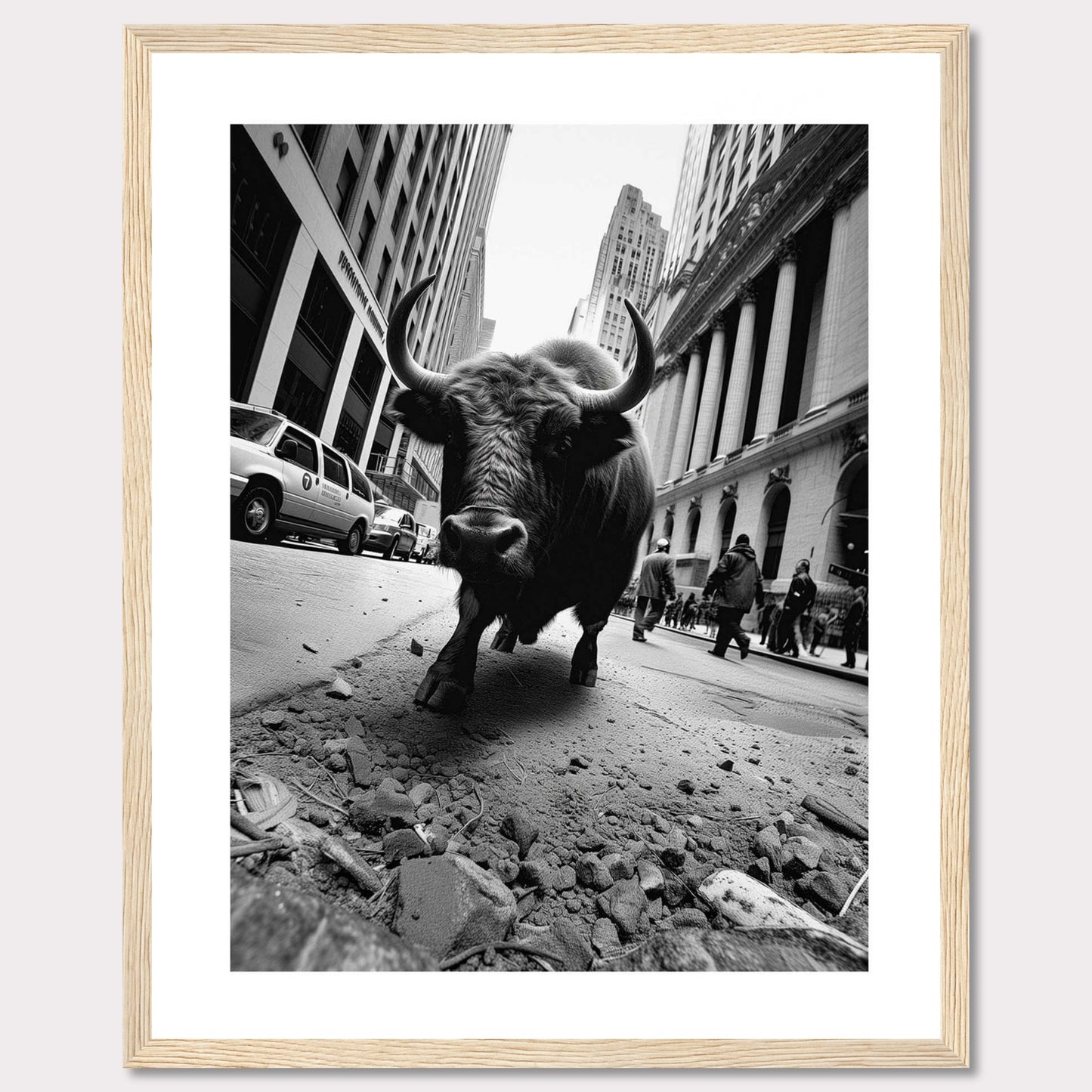 This striking black-and-white photograph captures a powerful bull striding confidently down a bustling city street. The image juxtaposes the raw strength of the bull against the backdrop of towering skyscrapers and busy pedestrians, creating a dramatic and thought-provoking scene.