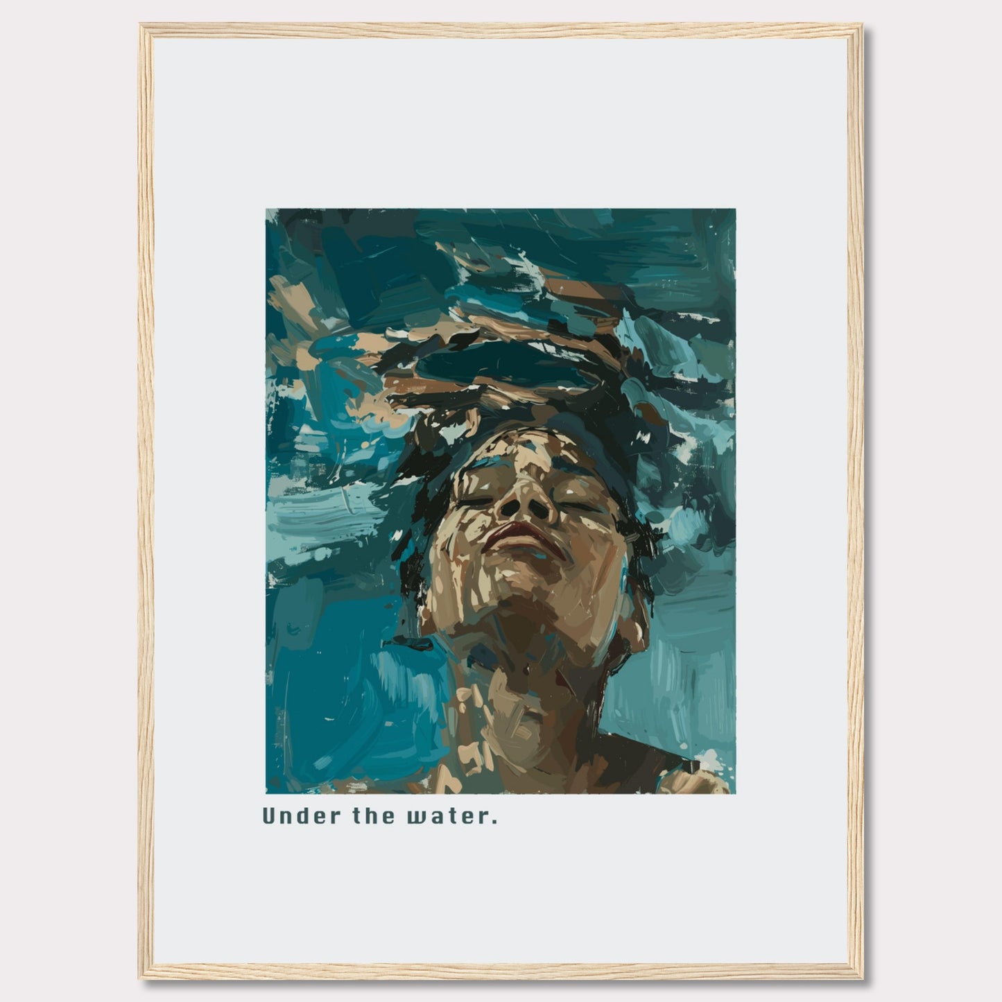 This captivating artwork depicts a serene moment of tranquility and introspection. The image shows a person submerged in water, their face emerging towards the surface, eyes closed in a peaceful expression.