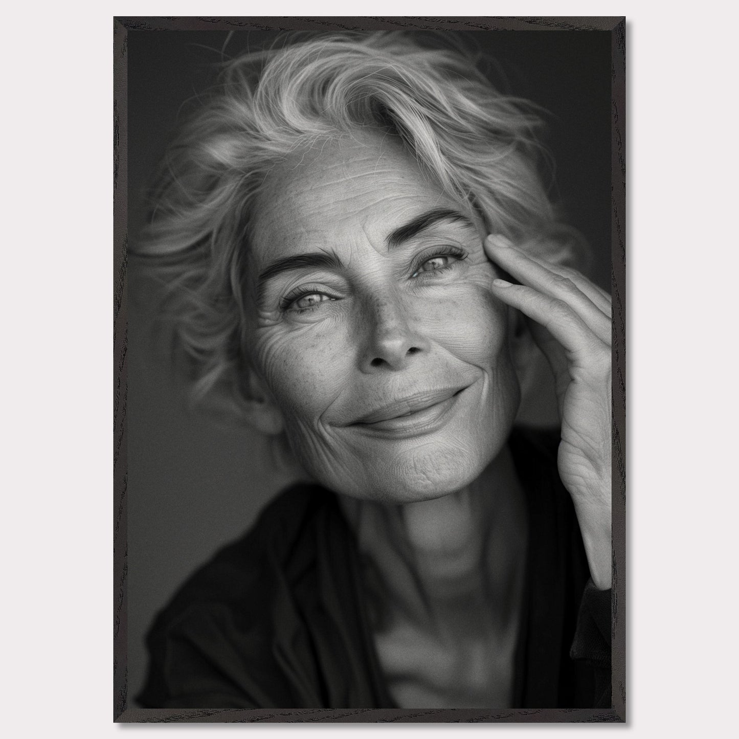 This black-and-white portrait captures the serene and wise expression of an elderly woman. Her gentle smile and relaxed pose exude a sense of peace and contentment.