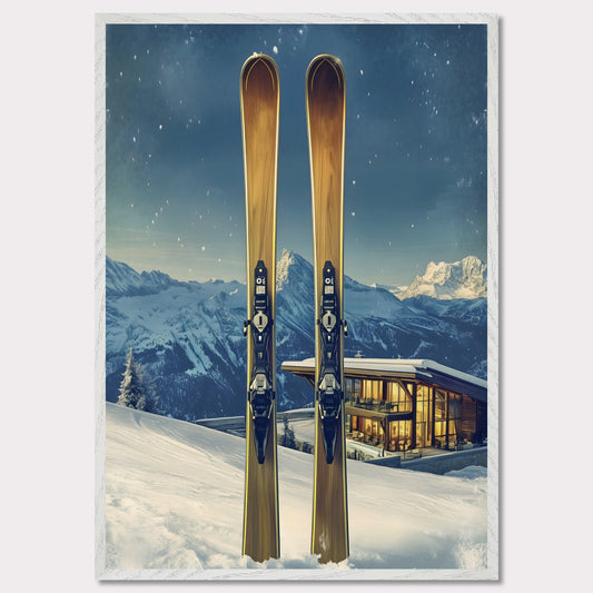 This elegant poster showcases the perfect blend of tradition and modernity in a snowy alpine escape. Two sleek skis stand proudly in the foreground, while a contemporary, glowing chalet nestled in the mountains provides a warm contrast to the frosty winter scene.