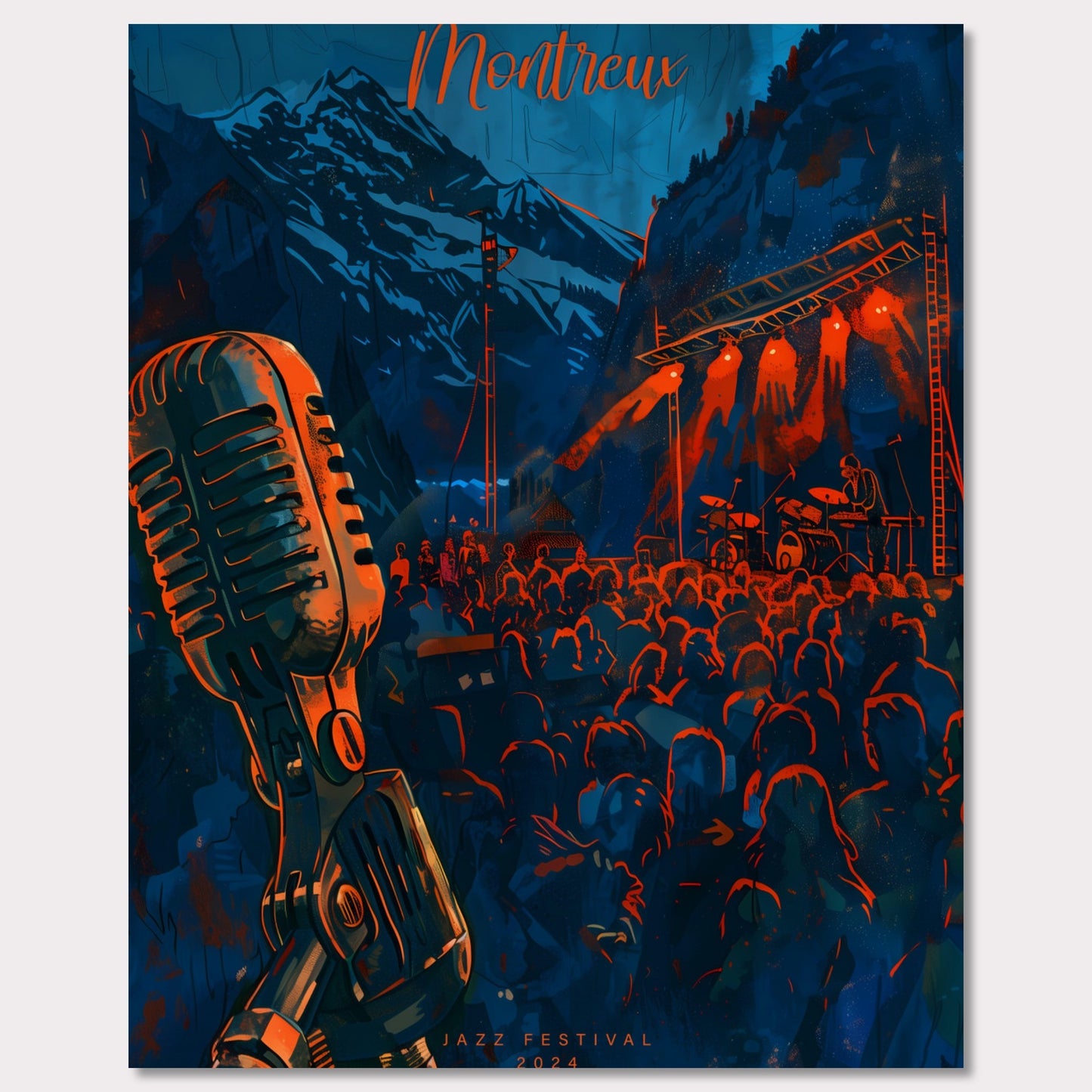 Experience the magic of Montreux Jazz Festival 2024! This vibrant poster captures the essence of live music against a stunning mountain backdrop. Join the crowd, feel the rhythm, and be part of an unforgettable musical journey.