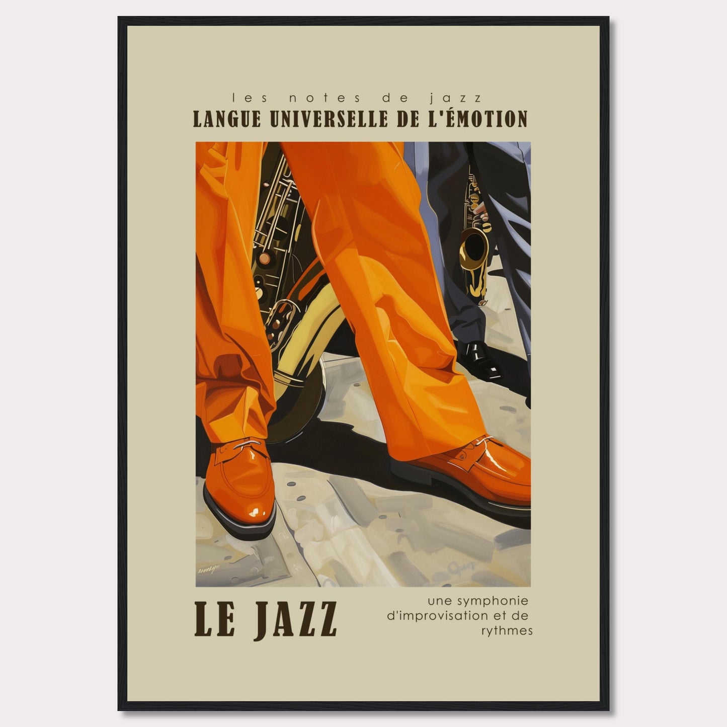 This vibrant poster captures the essence of jazz with its bold colors and dynamic imagery. The scene focuses on the legs and shoes of musicians, emphasizing their lively movements. Brass instruments peek from behind, hinting at the soulful music being played. The text reads "LANGUE UNIVERSELLE DE L'ÉMOTION" and "LE JAZZ," highlighting jazz as a universal language of emotion. The tagline, "une symphonie d'improvisation et de rythmes," describes jazz as a symphony of improvisation and rhythms.