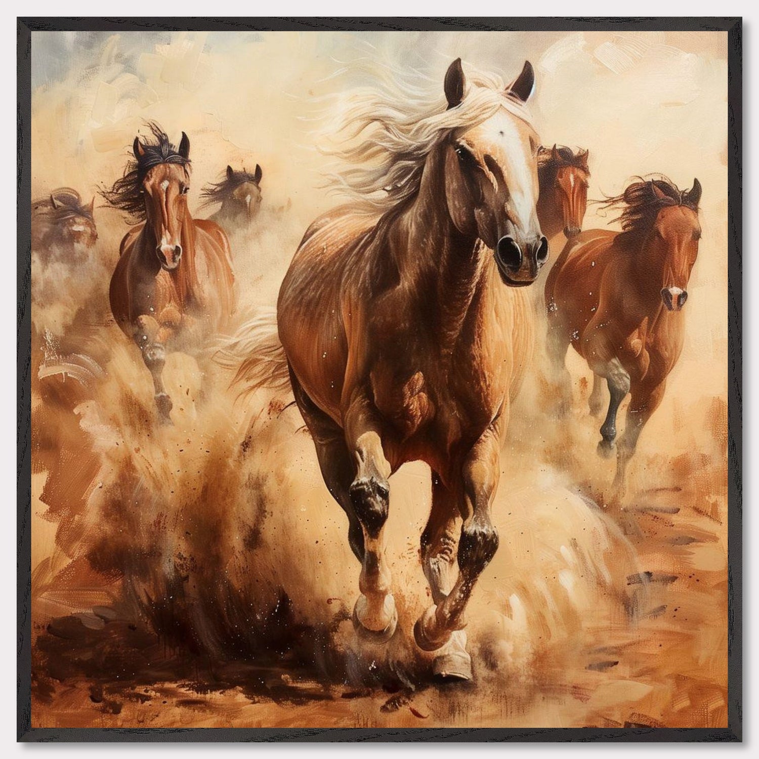 This captivating painting showcases a herd of wild horses galloping through a dusty landscape. The dynamic movement and powerful energy of the horses are vividly captured, evoking a sense of freedom and untamed spirit.