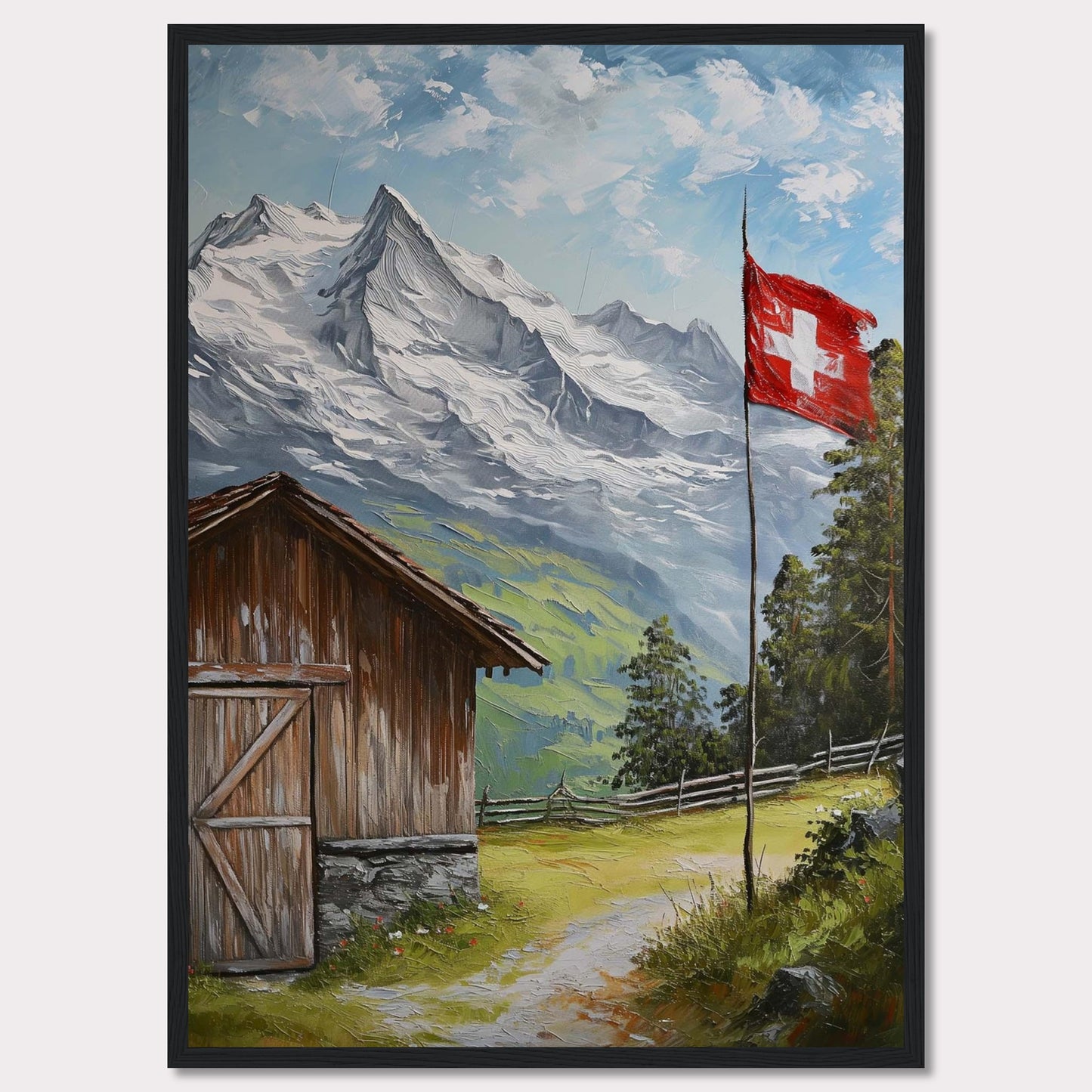 This image depicts a serene mountain scene with a rustic wooden cabin, a Swiss flag fluttering in the breeze, and majestic snow-capped peaks in the background. The lush greenery and clear blue sky add to the tranquil atmosphere.