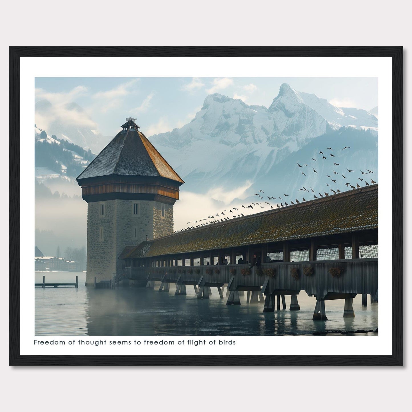 This captivating photo showcases a serene scene featuring a historic tower and a covered wooden bridge over calm waters, with majestic snow-capped mountains in the background. A flock of birds is seen soaring freely in the sky, adding a sense of movement and freedom to the tranquil setting.