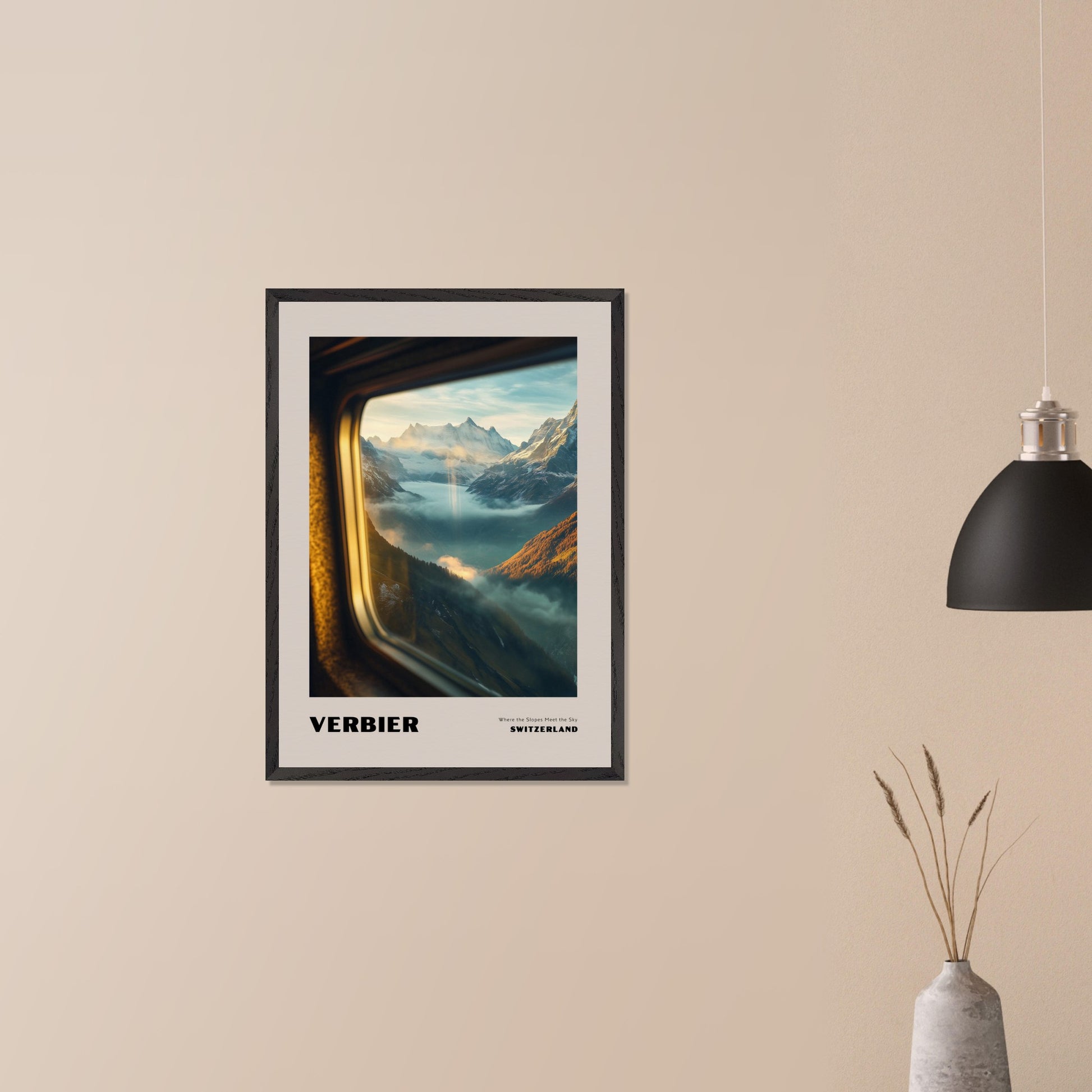 This poster showcases a mesmerizing view of the high-altitude slopes of Verbier, where mountain peaks seem to touch the sky. Thick mist covers the valleys below, creating a sense of mystery, while beams of sunlight break through the clouds, adding warmth and harmony to the scene.