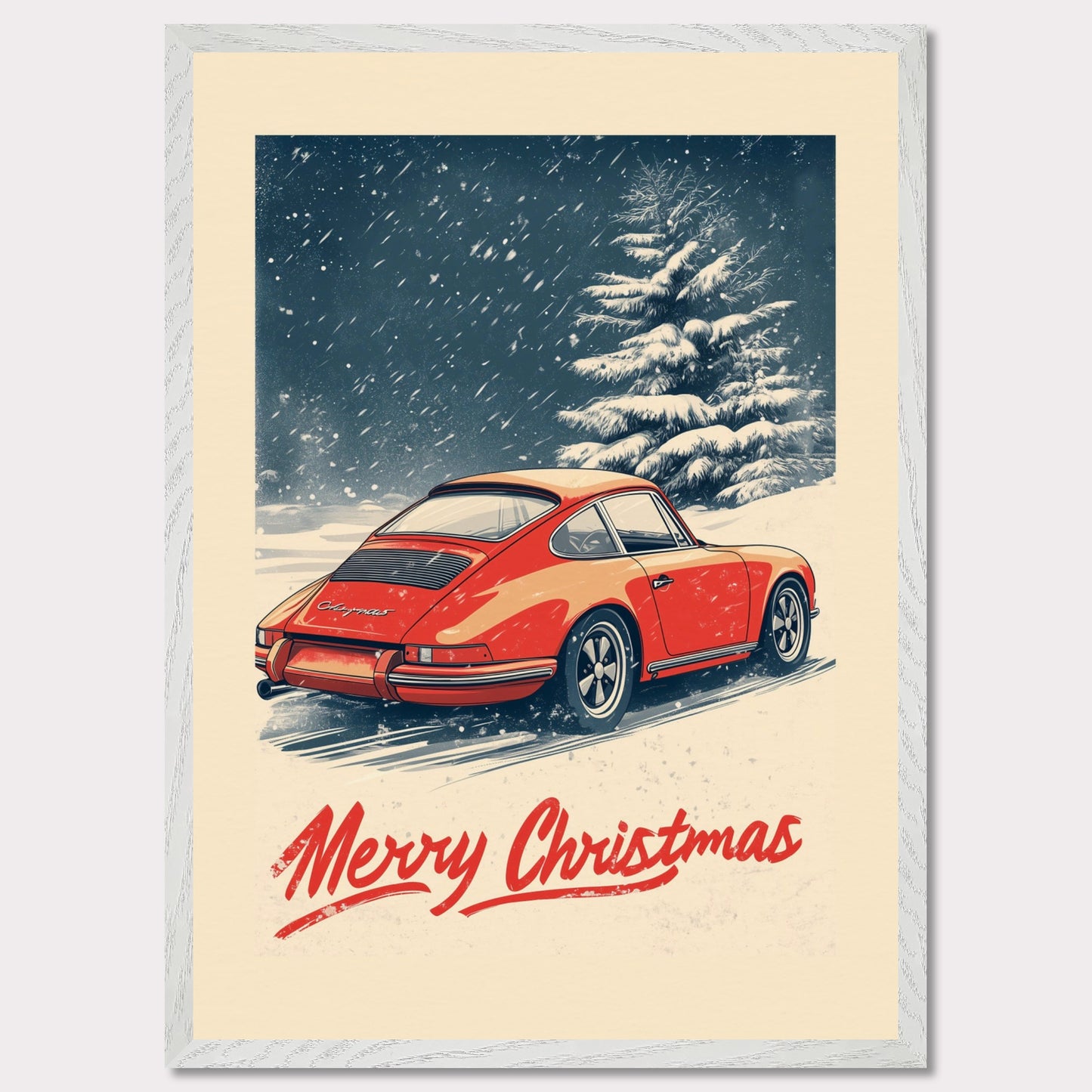 This nostalgic holiday poster features a striking red Porsche driving through a snow-covered landscape, with festive snowflakes gently falling around the scene. A snowy tree and soft winter hues create a cozy and festive atmosphere. The bold "Merry Christmas" typography adds an extra touch of holiday cheer, making it a perfect way to celebrate the season with a classic car enthusiast's touch.