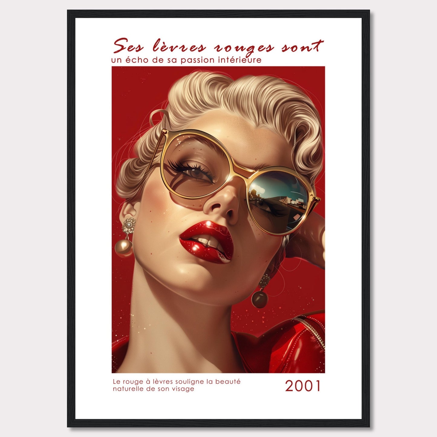 This captivating image features a glamorous woman with bold red lipstick, exuding confidence and allure. Her stylish sunglasses and elegant earrings add to her sophisticated look. The background is a striking red, enhancing the overall intensity of the image.